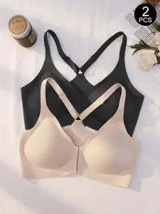 1/2 Pack Front Closure Bras for Women, Racerback Jelly Bra, No Underwire, Seamless Push Up, Medium Support, Elegant Bralettes
