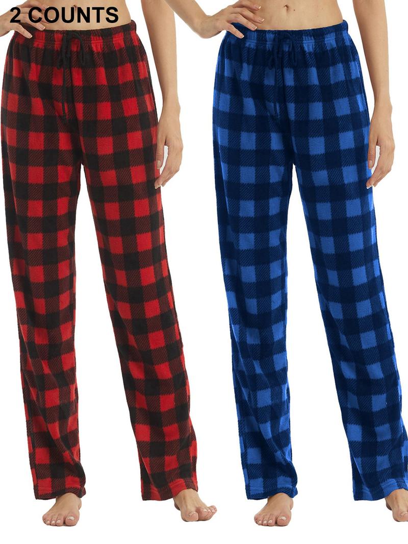 Women's Christmas Theme Plaid Print Drawstring Waist Soft Pajama Pants, Sleepwear Loungewear, Casual Comfy Fuzzy Sleep Bottoms for Winter, Lady's Sleepwear for Indoor Wear