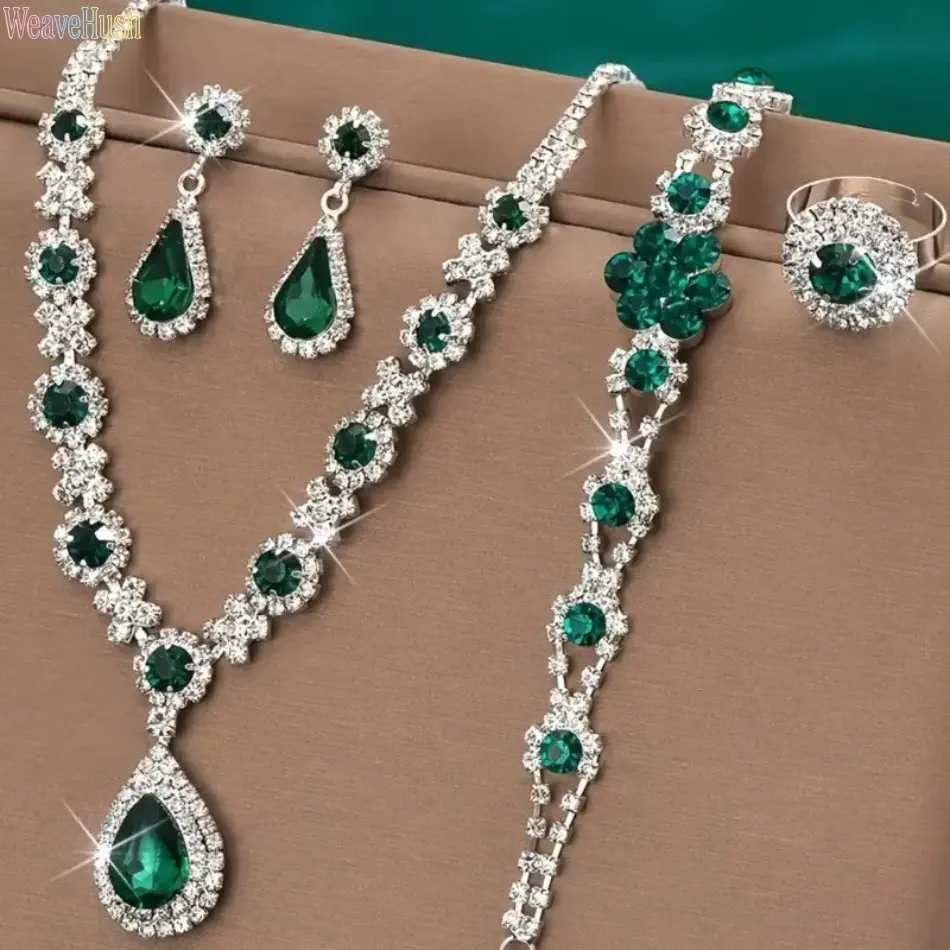 Elegant Emerald Stone Jewelry Set, Matching Necklace Earrings Bracelet & Ring Combo, Shiny Delicate Luxury Ornaments, Classic Fashion Accessories for Daily Wear, Wedding, Banquet, Party, Dating, Perfect Holiday Gift for Women