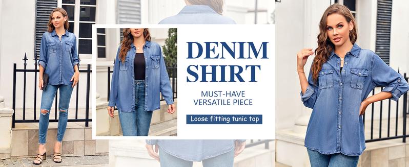 FMEYOA Womens Button Down Denim Shirt Long Sleeve Roll Up Casual Oversized Jean Shirt Jacket Distressed Tunic Tops