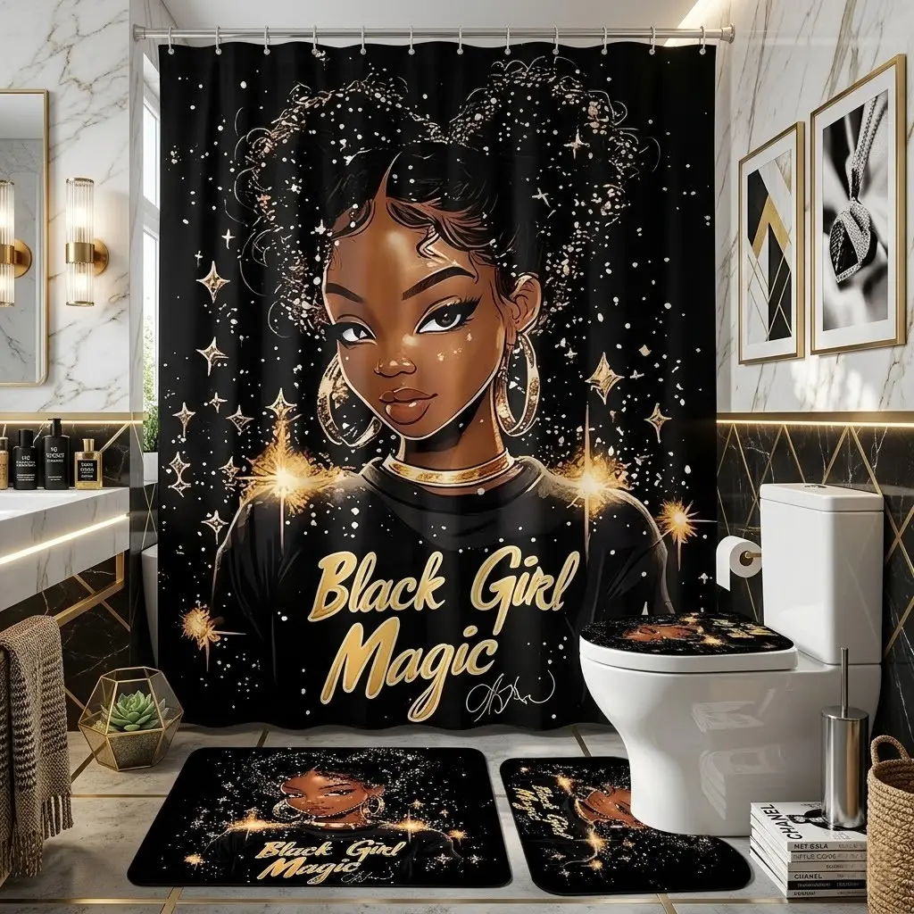 4pcs Background Golden Glitter Shower Curtain Set, Decorative Bath Mats & Toilet Seat Cover,The floor mat fabric is thicker and softer!  Modern Bathroom Decor for Parties