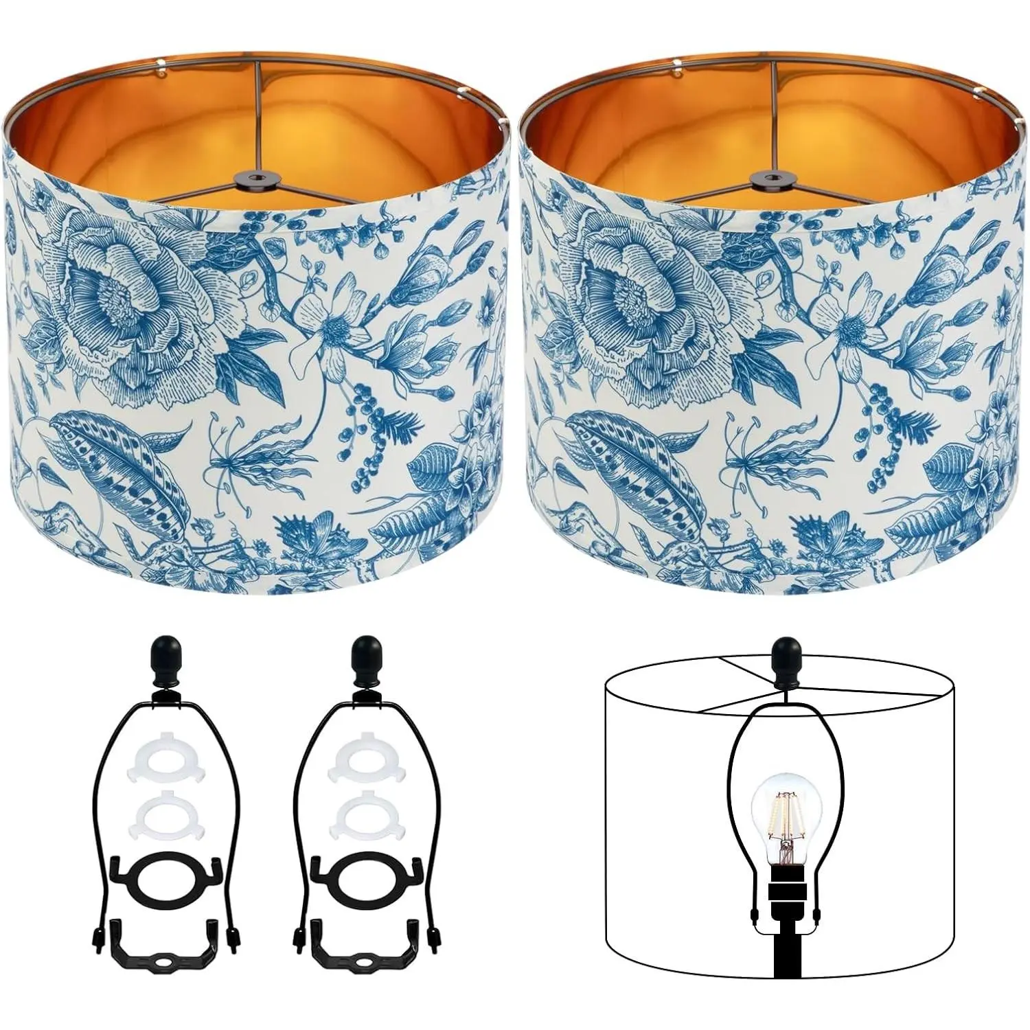 Set of 2 Replacement 12 Inch Drum Lamp Shades - Blue White Floral Pattern, Medium Gold Frame with Harp Holder, Easy Assembly for Table Floor Wall Lights