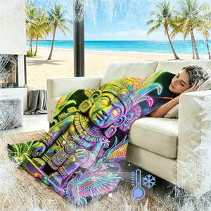 Vibrant Neon Vintage Mayan Totem Summer Cooling Blanket | Q-MAX>0.3 Cool Touch Microfiber, Portable Ethnic Decor Throw, Perfect Unique Holiday Gift