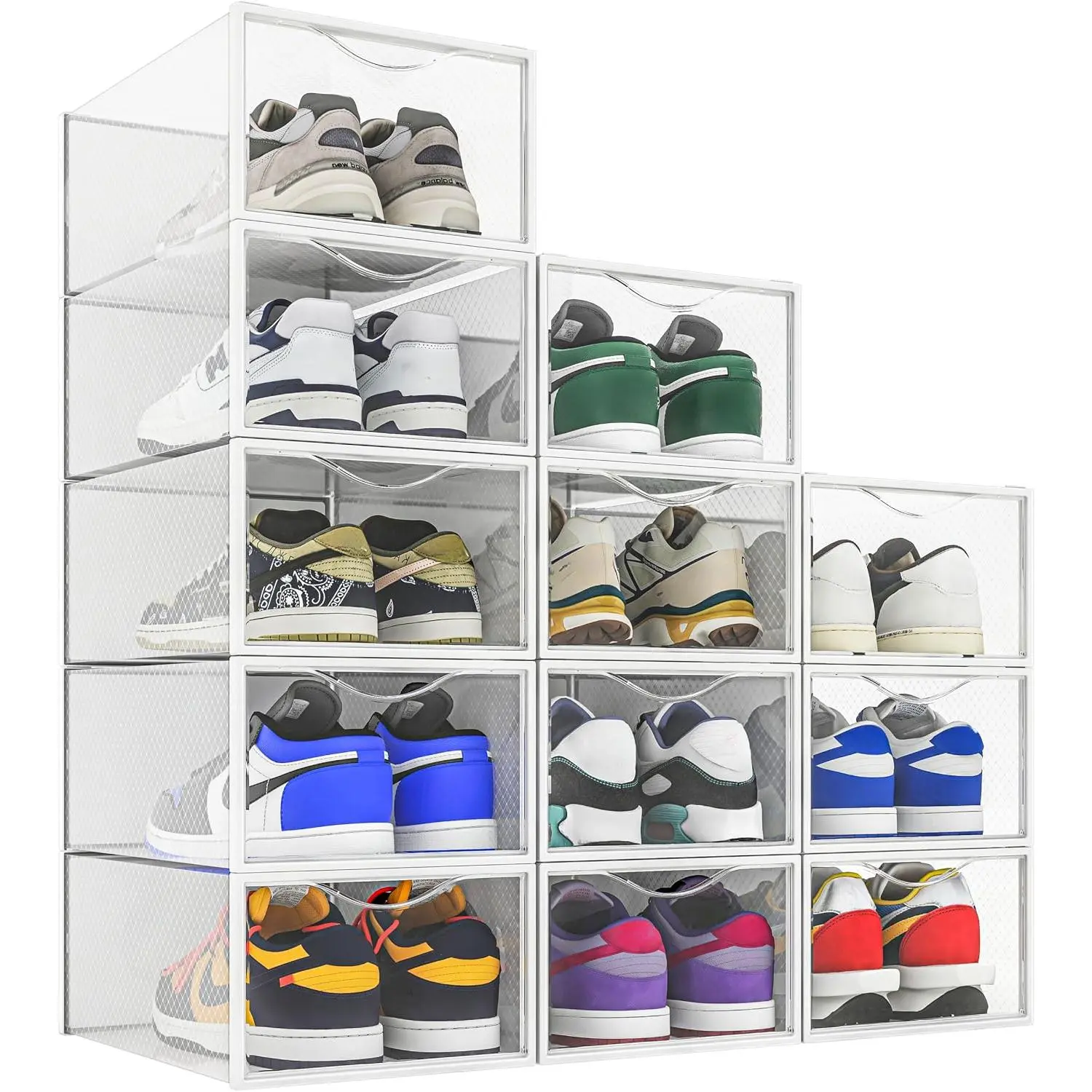 12 Pack Shoe Storage Bins, Clear Plastic Stackable Shoe Organizer for Closet, Space Saving Foldable Shoe Rack, Shoe Box Sneaker Holder Container