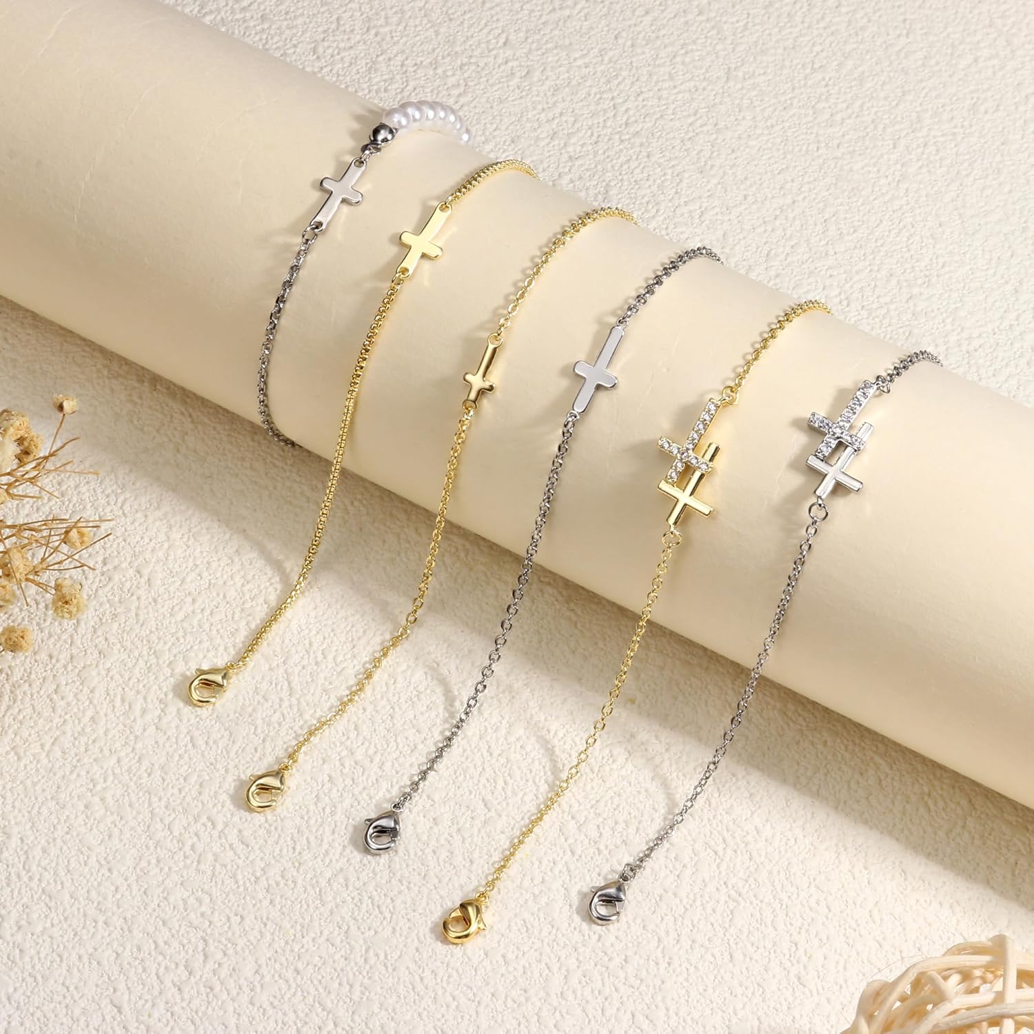 CASSIECA Gold Plated Cross Bracelets for Women 14K Gold Plated Bracelet Cross Tennis Bracelet Stacking Adjustable Cubic Zirconia Chain Bracelets for Women Jewellery Gifts