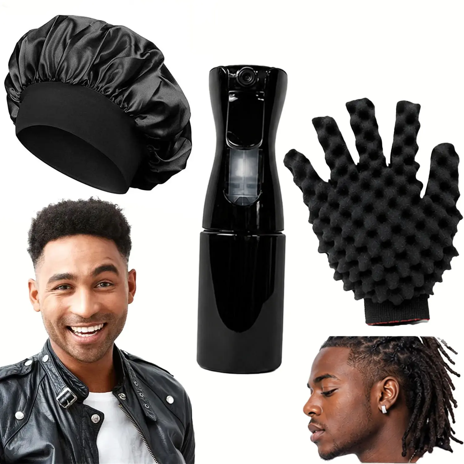 PCS Freeform Twist Hair Styling Set, Heatless Styling Tools for Natural Hair, Satin Bonnet, Foam Twist Glove and Fine Mist Spray Bottle for Dreadlocks, Locs, Coils, Afro Curls, Men Hair Care Styling Kit, Curl Products
