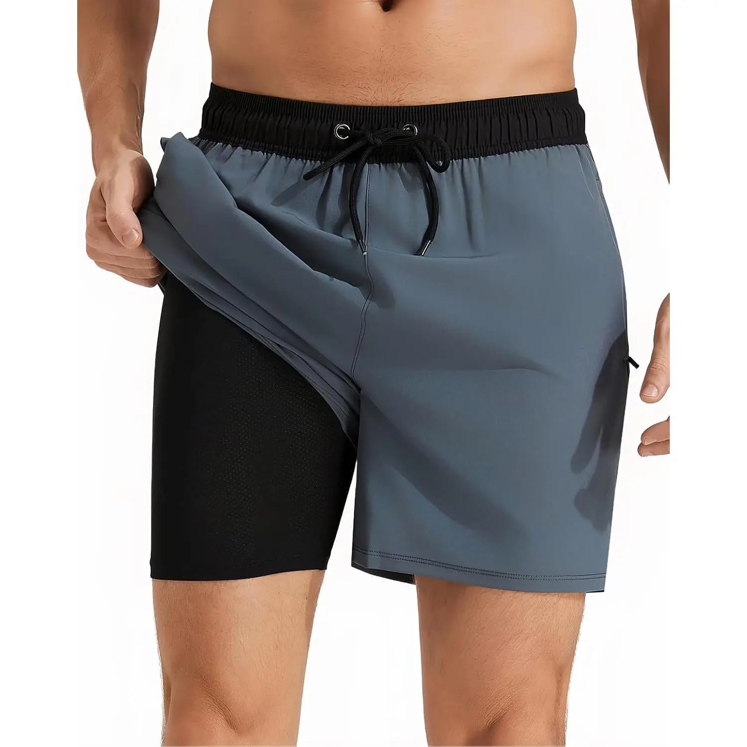 Mens Swim Trunks with Compression Liner Quick Dry Beach Shorts with Zipper Pockets