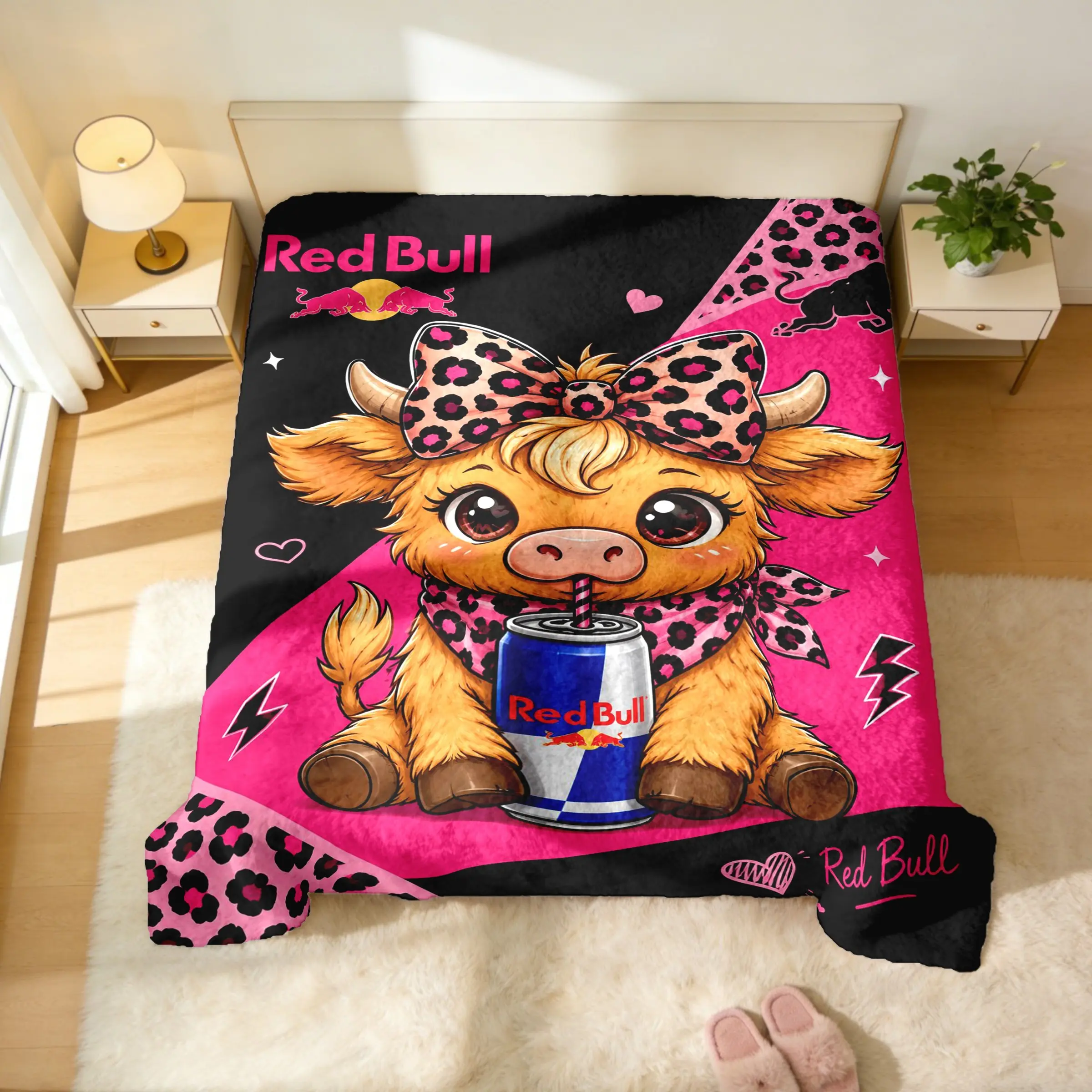 Red Bull Highland Cow Flannel Throw Blanket, Cute Pink Leopard Bow Cow Blanket, Girly Coquette Energy Drink Fleece Blanket, Cow Lover Gift for Couch Bed Bedroom Decor