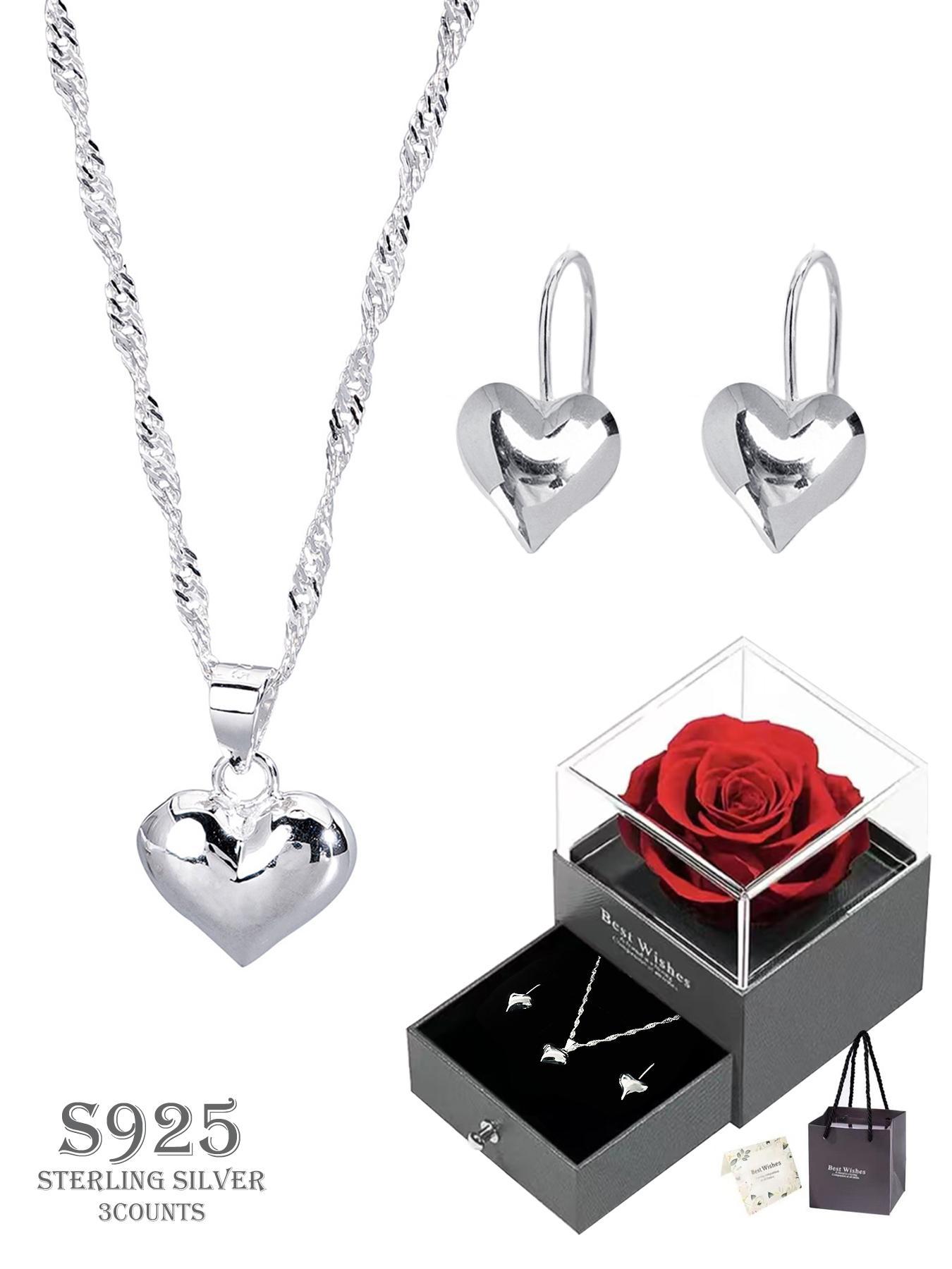 S925 Sterling Silver Heart Shaped Pendant Necklace for Women, Heart Design Necklace, Adjustable Necklace for Gift with Box, Elegant Jewelry for Daily Decor