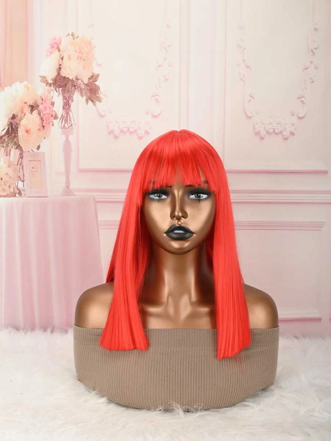 Red Bob Wig with Bangs, Short Orange Wig for Women Straight Bob Wigs Heat Resistant Synthetic wig Mia Wallace Cleopatra Cospaly Daily Party Use