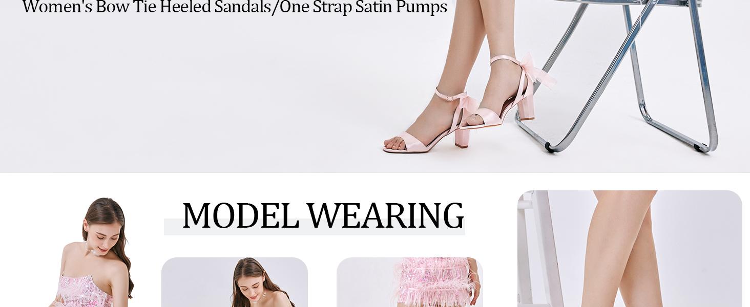 Coutgo Women's Bow Tie Heeled Sandals Chunky Heels One Strap Satin Ankle Buckle Dress Wedding Shoes