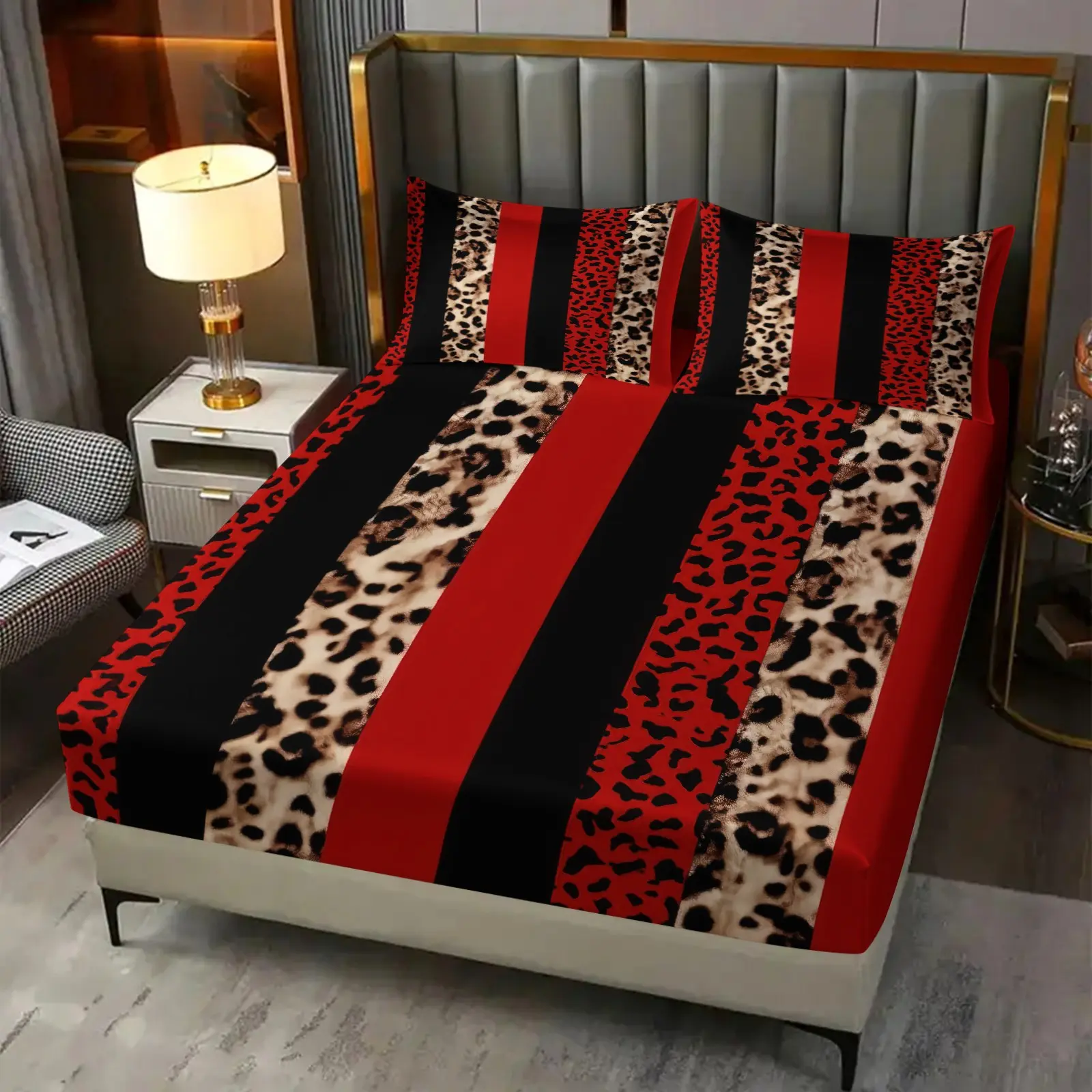 Red Black Vertical Wide Stripe Dual Shade Leopard 3‑Piece Fitted Sheet Set, No Filling Included All‑Season Bedding Set, for Trend Girl Family Airbnb, Two Tone Leopard Strip Boutique Inn, Edgy Teen Vacation Cabin
