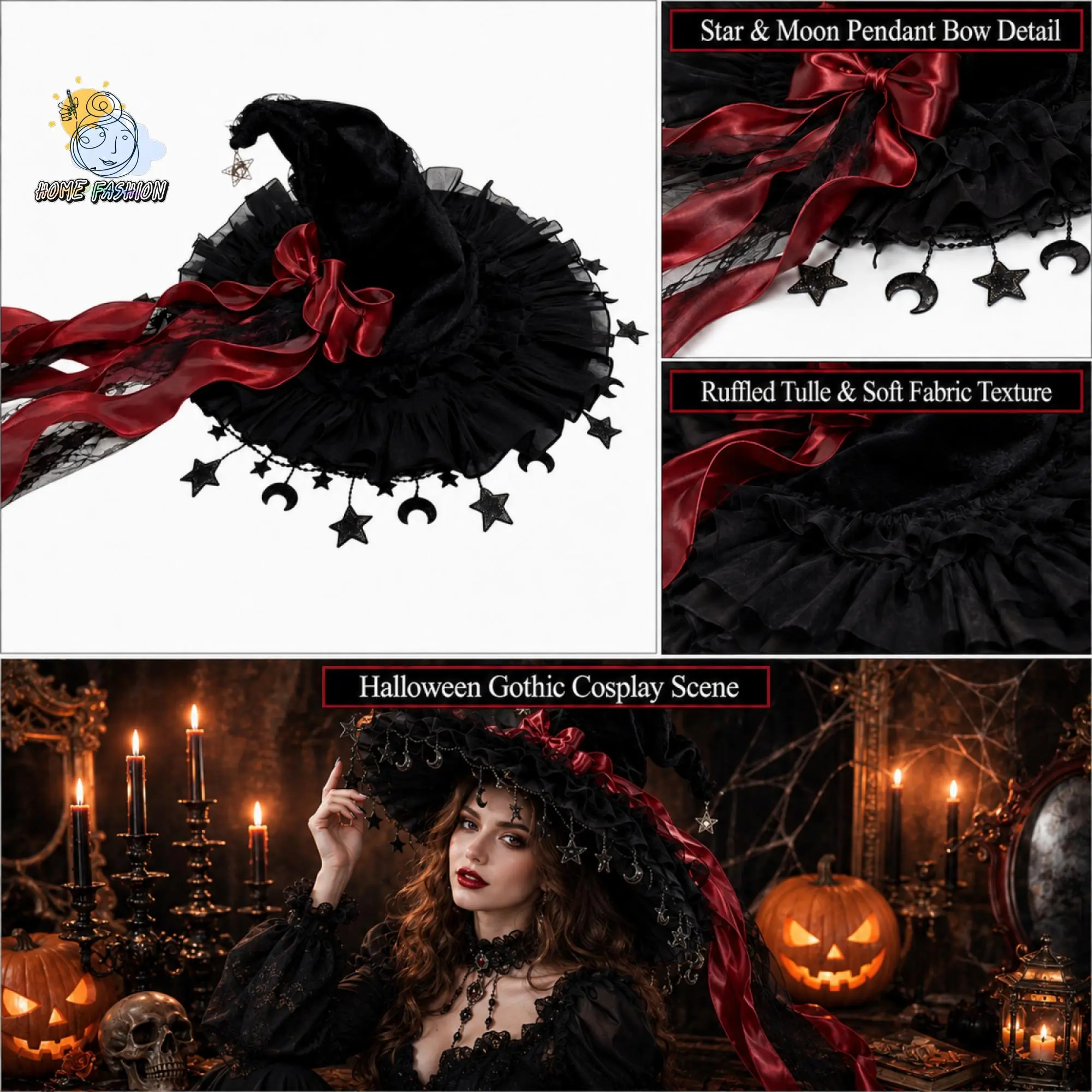Halloween Witch Hat Gothic Wizard Hat Headwear with Detachable Bow