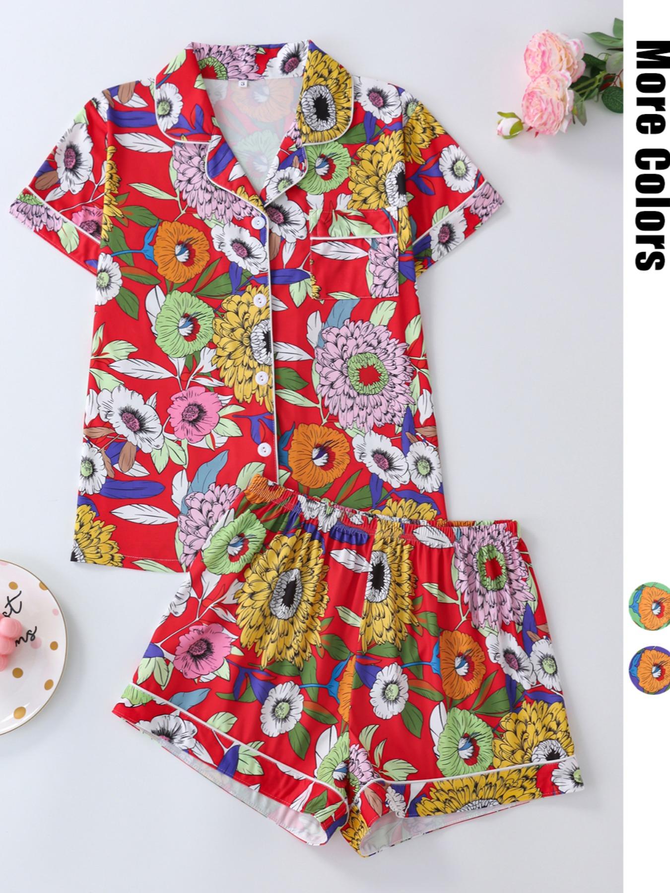 Women's Floral Print Lapel Neck Button Front Shirt & Elastic Waist Shorts Pyjama Two-piece Set, Casual Comfy Short Sleeve Pocket Top & Shorts Pj Set, Ladies Summer Sleepwear, Cute Pajama Sets Women, Pajamas, Button Closure Top
