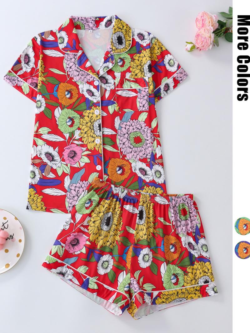 Women's Floral Print Lapel Neck Button Front Shirt & Elastic Waist Shorts Pyjama Two-piece Set, Casual Comfy Short Sleeve Pocket Top & Shorts Pj Set, Ladies Summer Sleepwear, Cute Pajama Sets Women, Pajamas, Button Closure Top