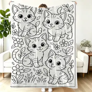Christmas & Thanksgiving Doodle-Style Thickened Flannel Blanket (Cute Kitten Doodle) — Super soft and decorative; perfect for sofas, couches, or bedrooms; an excellent gift for children, family, and friends.