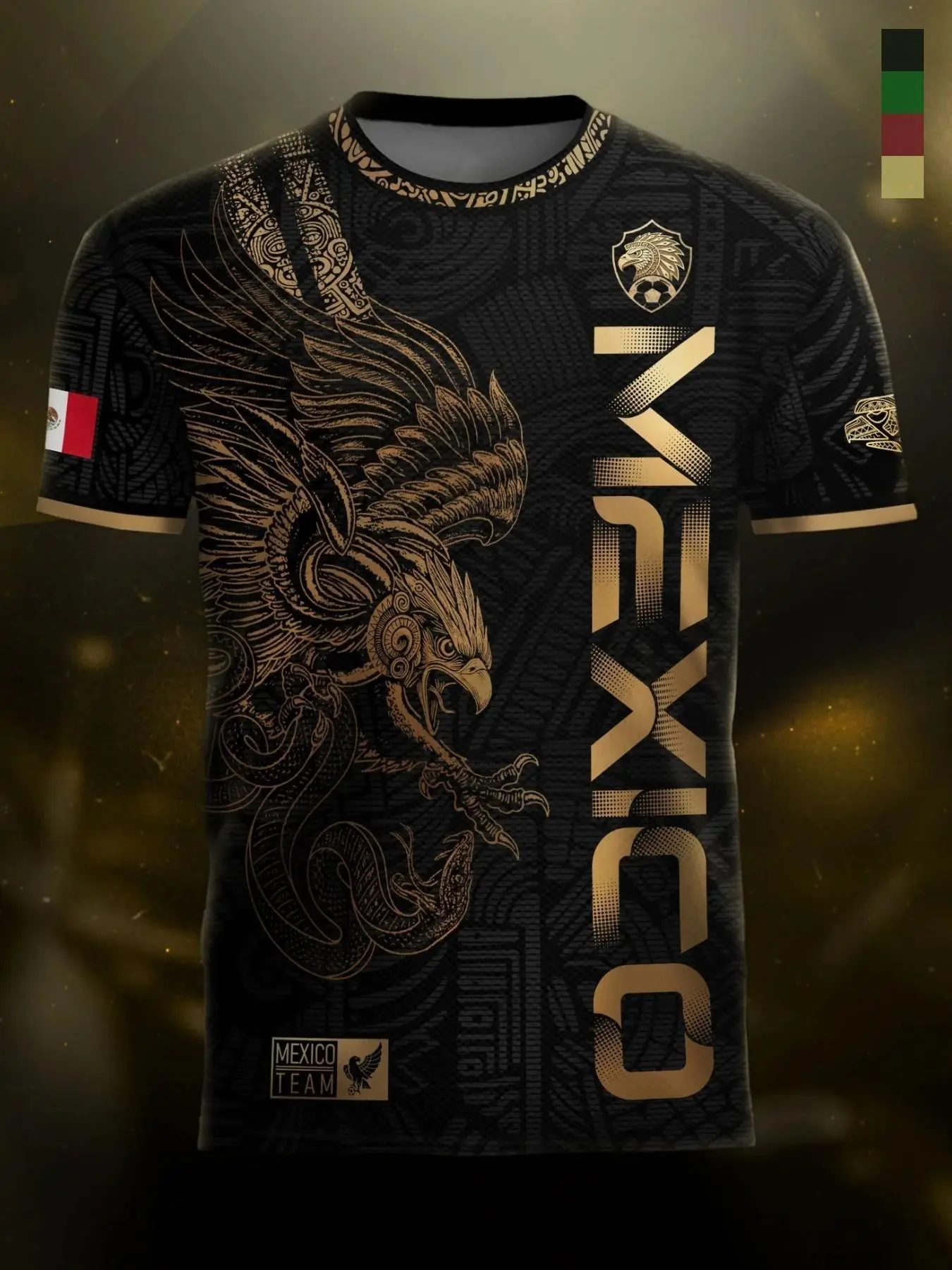 Black Gold Mexico Eagle Graphic Tee, Men's Slim Fit Micro-Elastic Comfort T-Shirt, Aztec Inspired Streetwear, Athletic Streetwear, Athletic Fashion, Casual Sports Tops, Great for LA Miami Sports Events