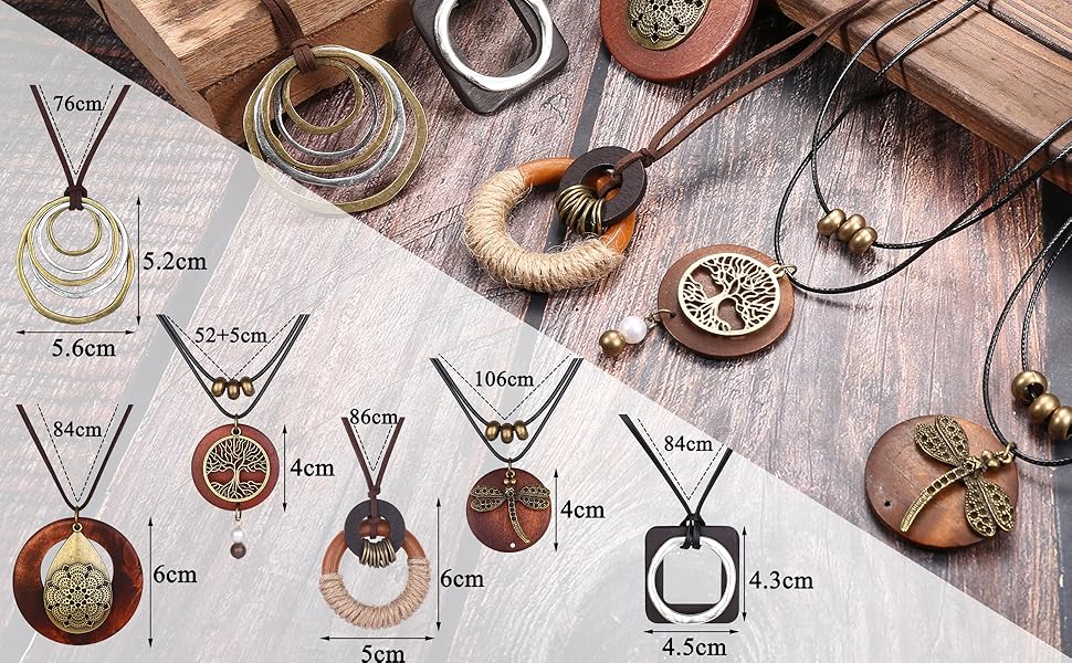 Adjustable 6Pcs Long Pendant Necklaces for Women Boho Vintage Wood Fall Sweater Necklaces Set Statement Feather Dragonfly Peace Sign Y Necklace Hippie Handmade Fashion Jewelry Accessories