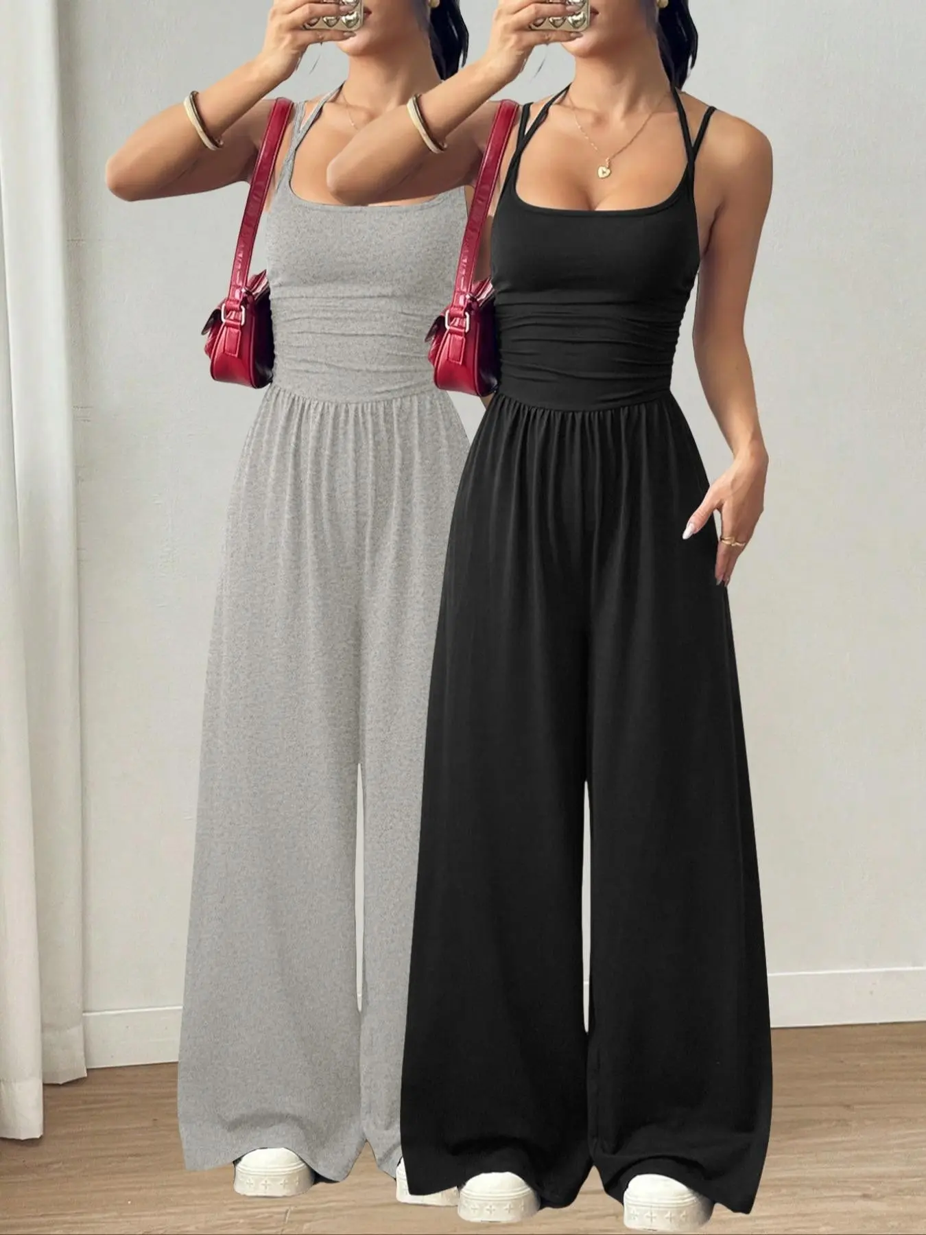 Women's Casual Jumpsuit Set  Adjustable Straps  Loose Fit Ruched Waist Cinch Spring Summer Comfortable & Versatile Everyday Daily Wear  Shopping  Dating