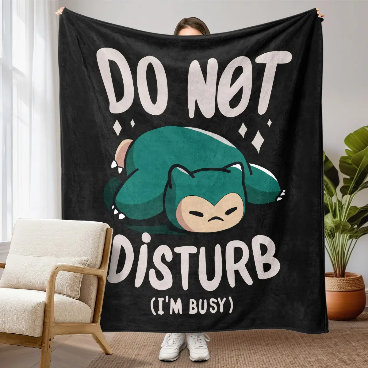1pc Lazy Snorlax Do Not Disturb Funny Cartoon Fleece Blanket, Flannel Printed Blanket, Trendy Print With Napping Cute Creature And Lazy English Slogan, Soft Warm Cozy Nap Throw for Sofa, Bed, Office, Shawl, Camping Trip, Ideal for Christmas Gift