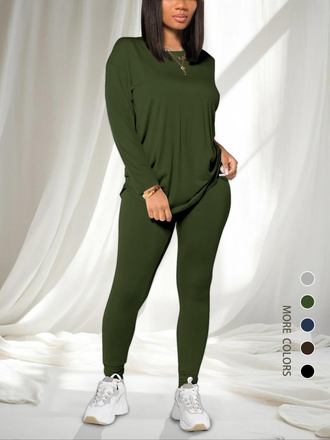 Women's Solid Drop Shoulder Tee & Elastic Waist Skinny Pants Two-piece Set, Basic Casual Fashion Cozy Round Neck Long Sleeve T-shirt & Trousers for Daily Outdoor Wear, Women's Clothing for Spring & Fall