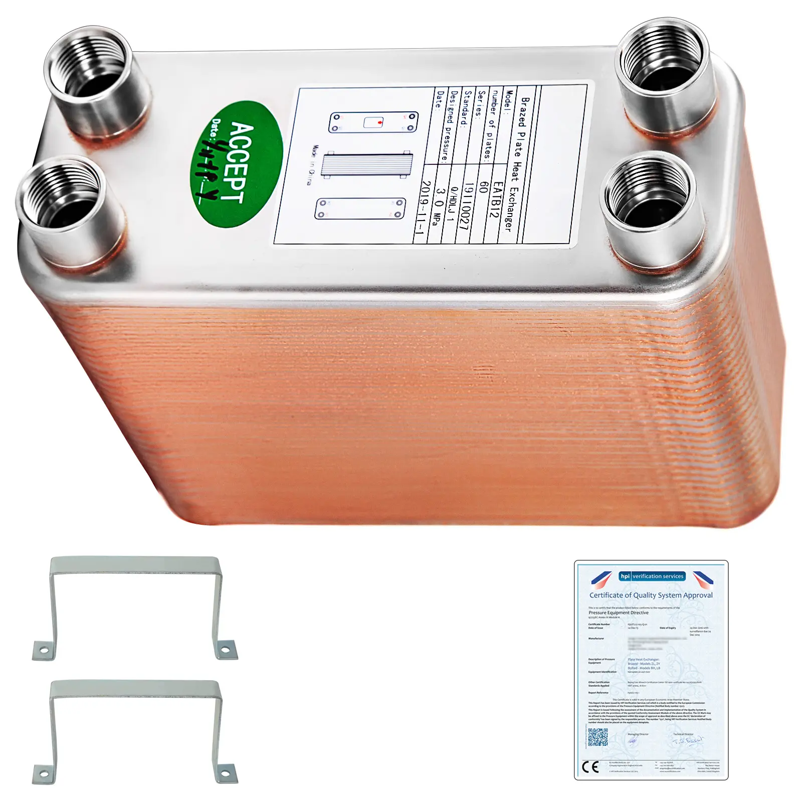Heat Exchanger 3\"x7.5\" 60 Plates Brazed Plate Heat Exchanger 316L 1/2\" BSP FPT Heat Exchanger EATB12 Beer Wort Chiller for Hydronic Heating, (Min):4.5 Mpa Pressure