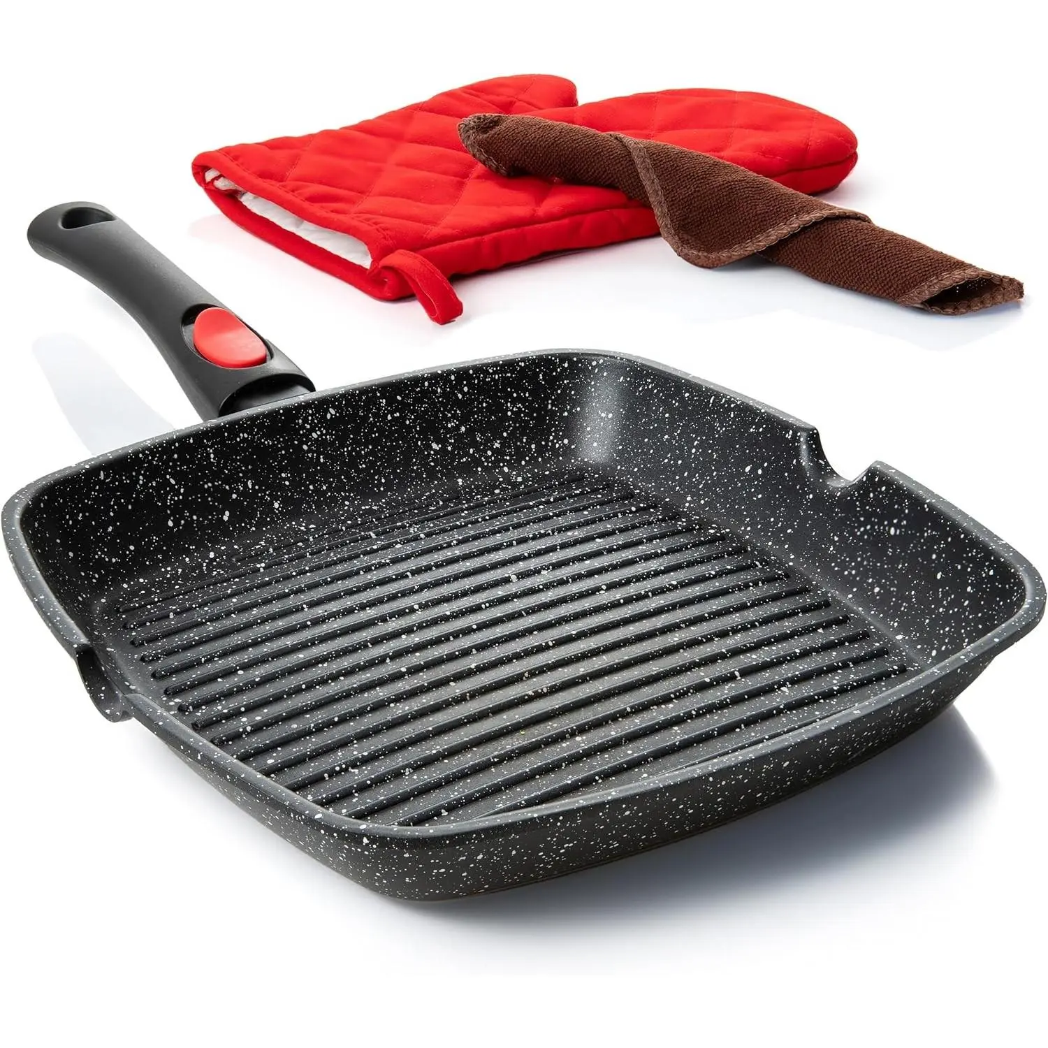 Moss & Stone Grill Pan for Indoor Cooking 11Inch Nonstick Square Grill Pan | RV Induction Griddle Pan with Removable Handle for Gas, Electric & Ceramic Stovetops, Oven Safe Skillet with Pour Spouts