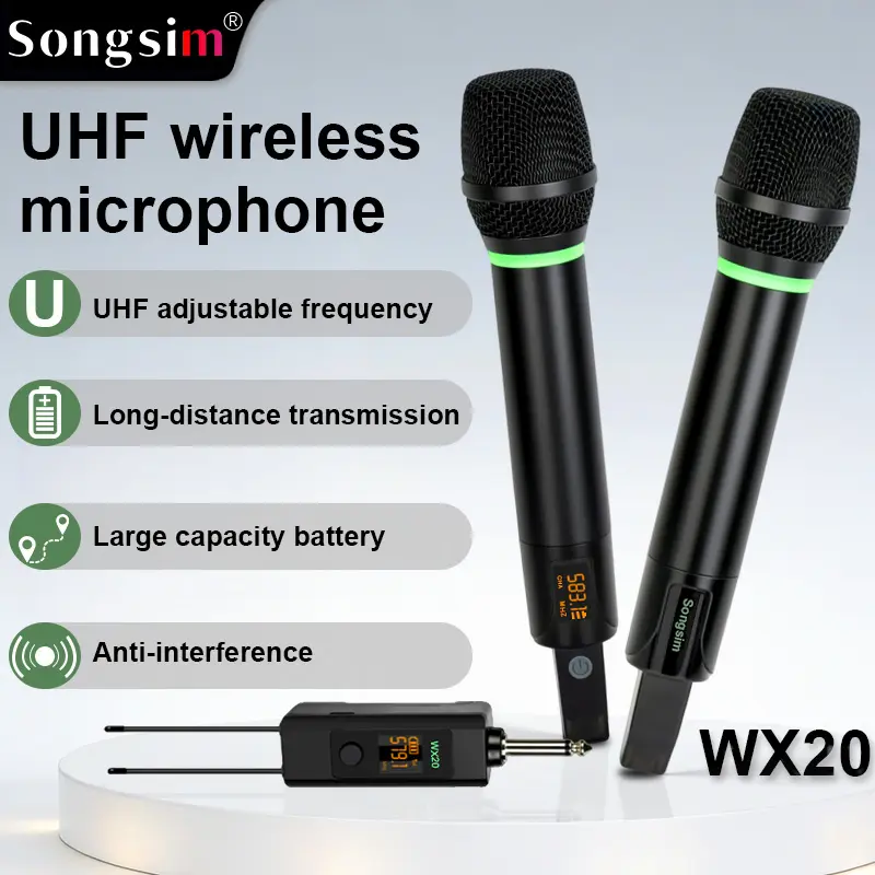 WX20 UHF 2-Channel Wireless Microphone Setaluminum handheld microphones with adjustable frequencylong-distance transmission anti-interference andrechargeable design Perfect for karaoke, live streaming,wedding parties, hosting and other events.