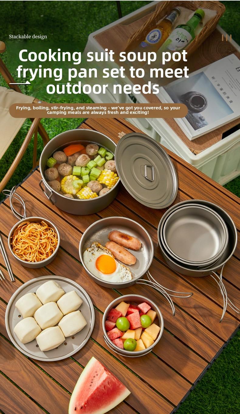 Pure Titanium Camping Cookware Set Foldable Lightweight Outdoor Pot Pan for Backpacking Hiking Picnic Cooking with Soup Frying Pot