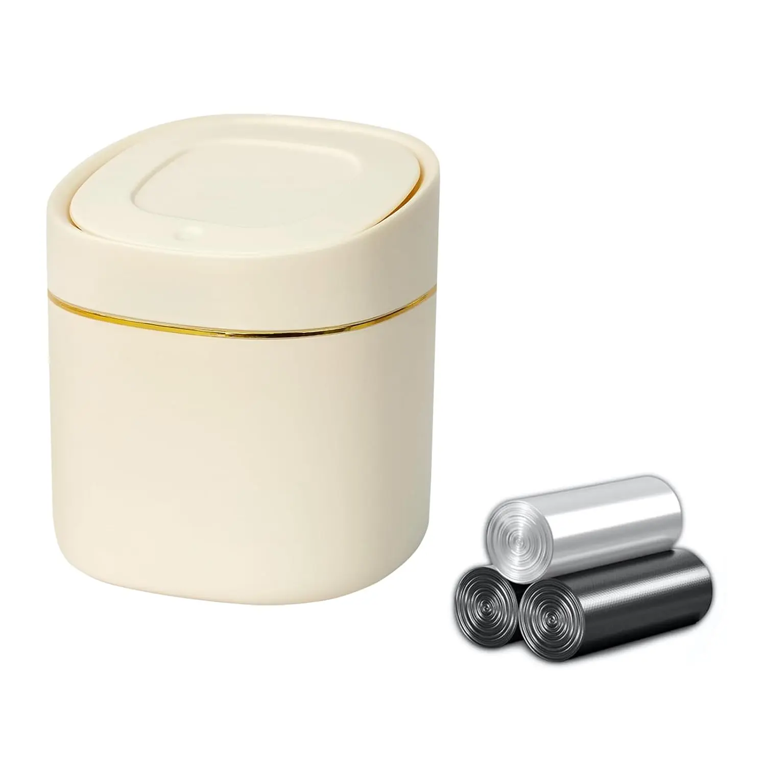 1 count Mini Desktop Trash Can with Lid with 90 Trash Bags, Press-Type Garbage Can, Small Countertop Plastic Wastebasket for , Bedroom, Bathroom, Kitchen, Desk (White)