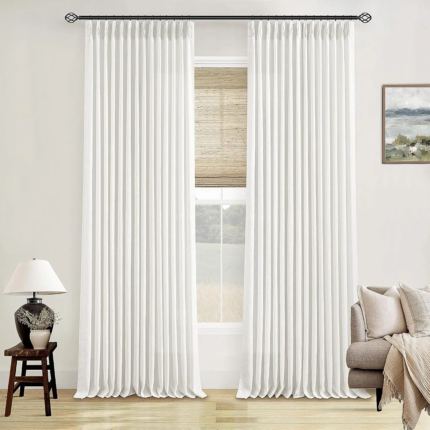 Off White Curtains 102 Inches Long 2 Panels for Living Room Thick Flax Pleated Memory Trained Light Filtering Ceiling Semi Sheer with Hook Rings Ivory Beige White