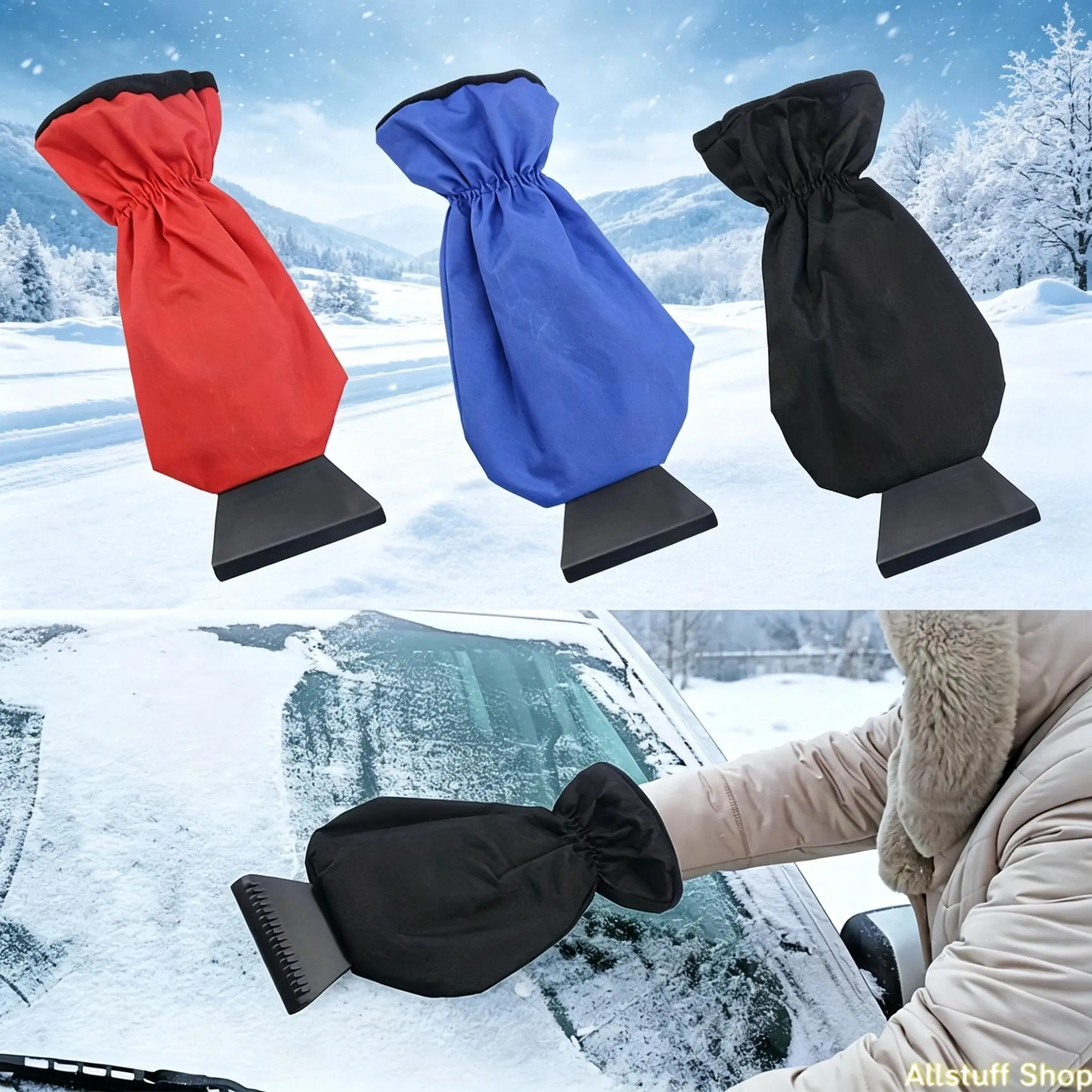 38x10cm Car Ice Scraper & Snow Brush Removal Kit with Warm Glove, Winter Windshield Cleaning Accessory for Outdoor Sports Use