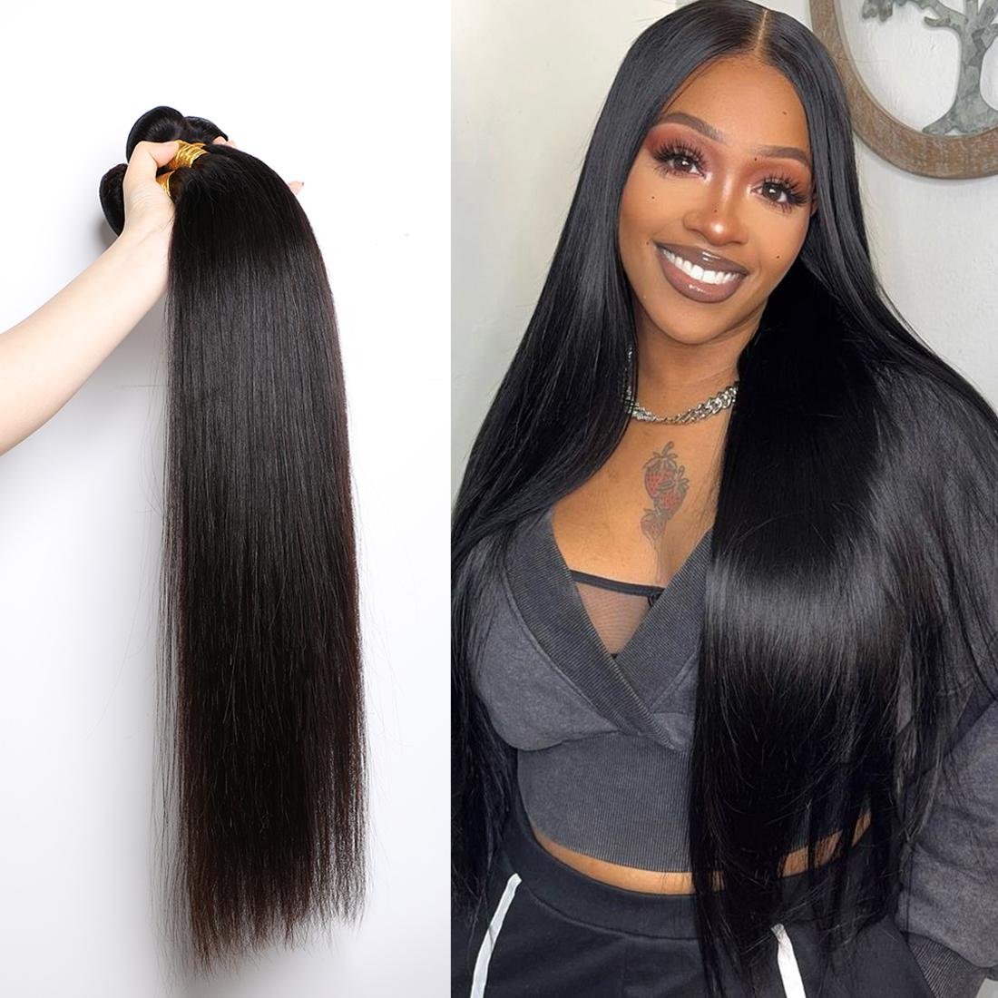 IWISH 12A Straight Human Hair Bundles Brazilian Remy Hair Extension For Black Women 30 32 Inches Hair Weave Bundles Natural Black Color 1B 1/3 Pcs