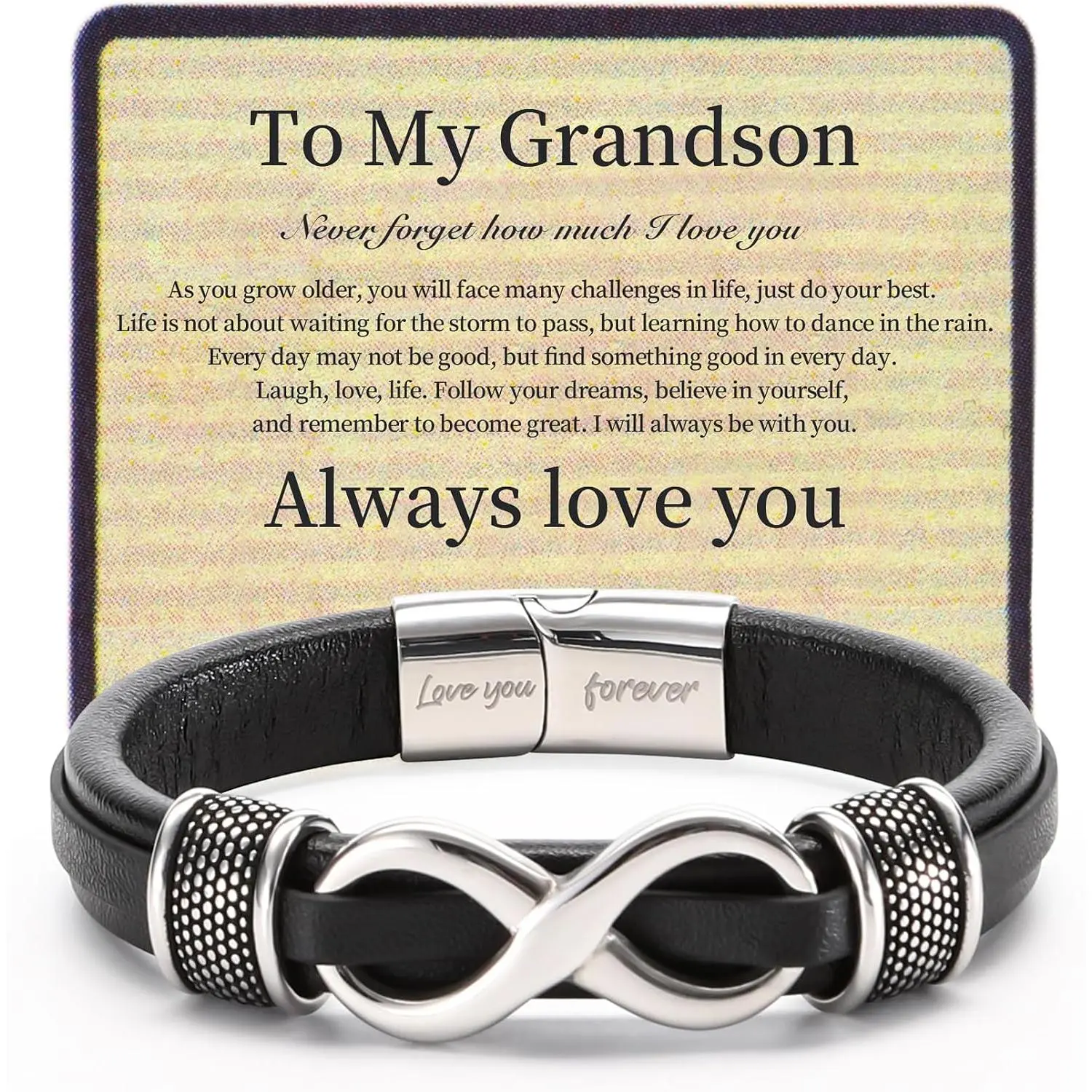 Infinity Leather Bracelet for Men, Love You Forever  for Men | Infinity knot and engraved Love You Forever message turn a braided leather wristband into a meaningful  for Men.