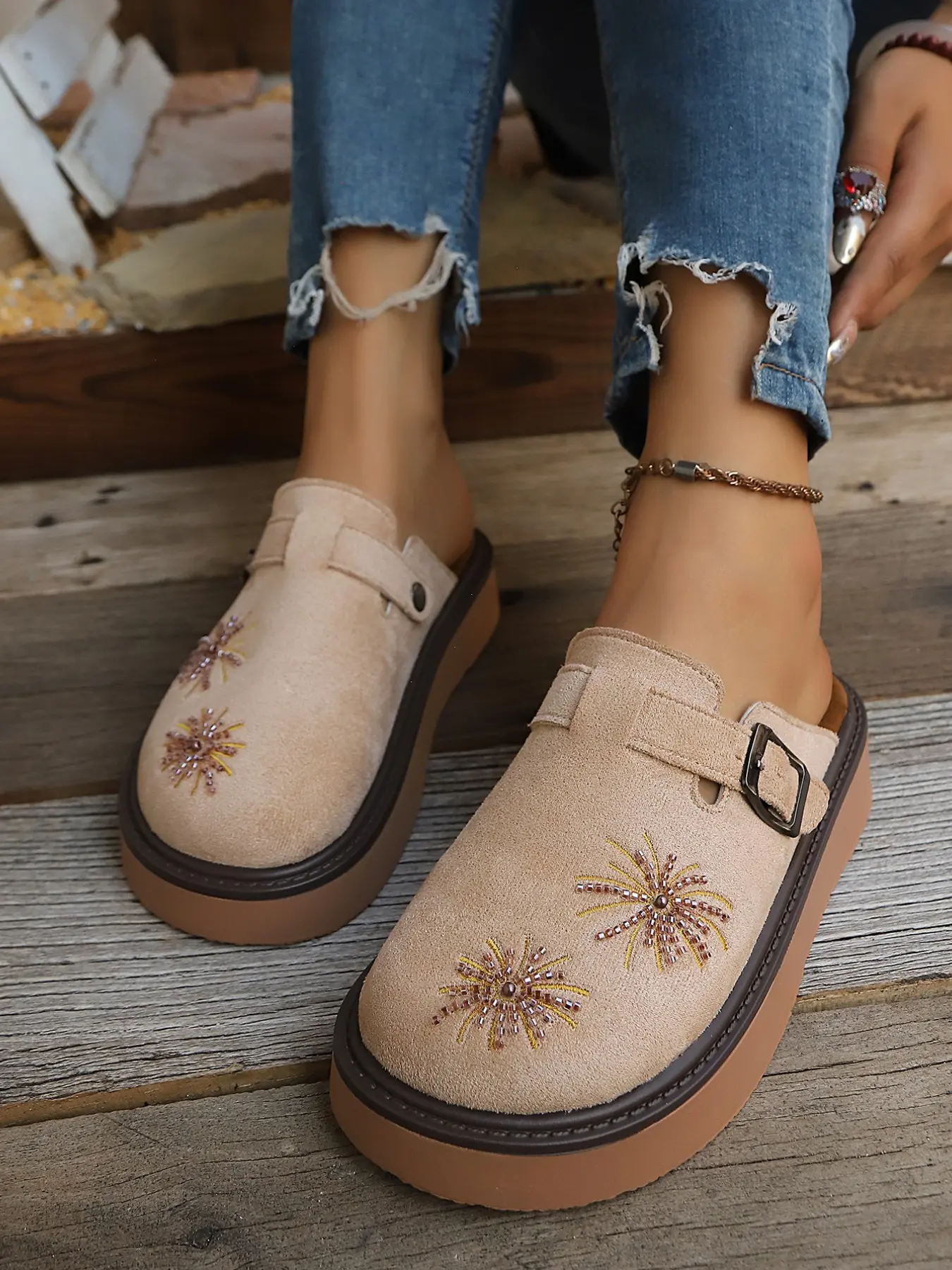 Ethnic Style Beaded Embroidered Slippers, Soft Faux Fur Buckle Platform Sole, Lazy No-Heel Half Sandals for Women, Comfortable Footwear