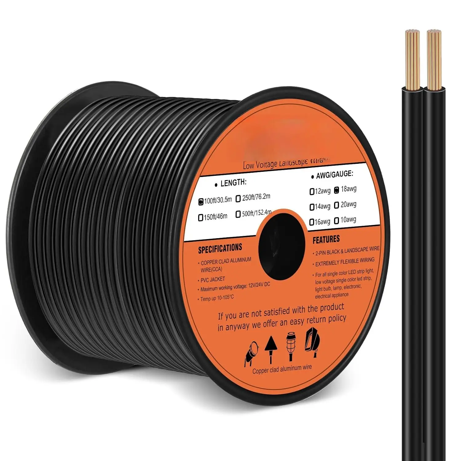 18/2 Low  Landscape Wire 100FT Outdoor Landscape Lighting  18 Gauge 2 Conductors Low  Wire for Landscaping Lights,Copper Clad  Direct Burial