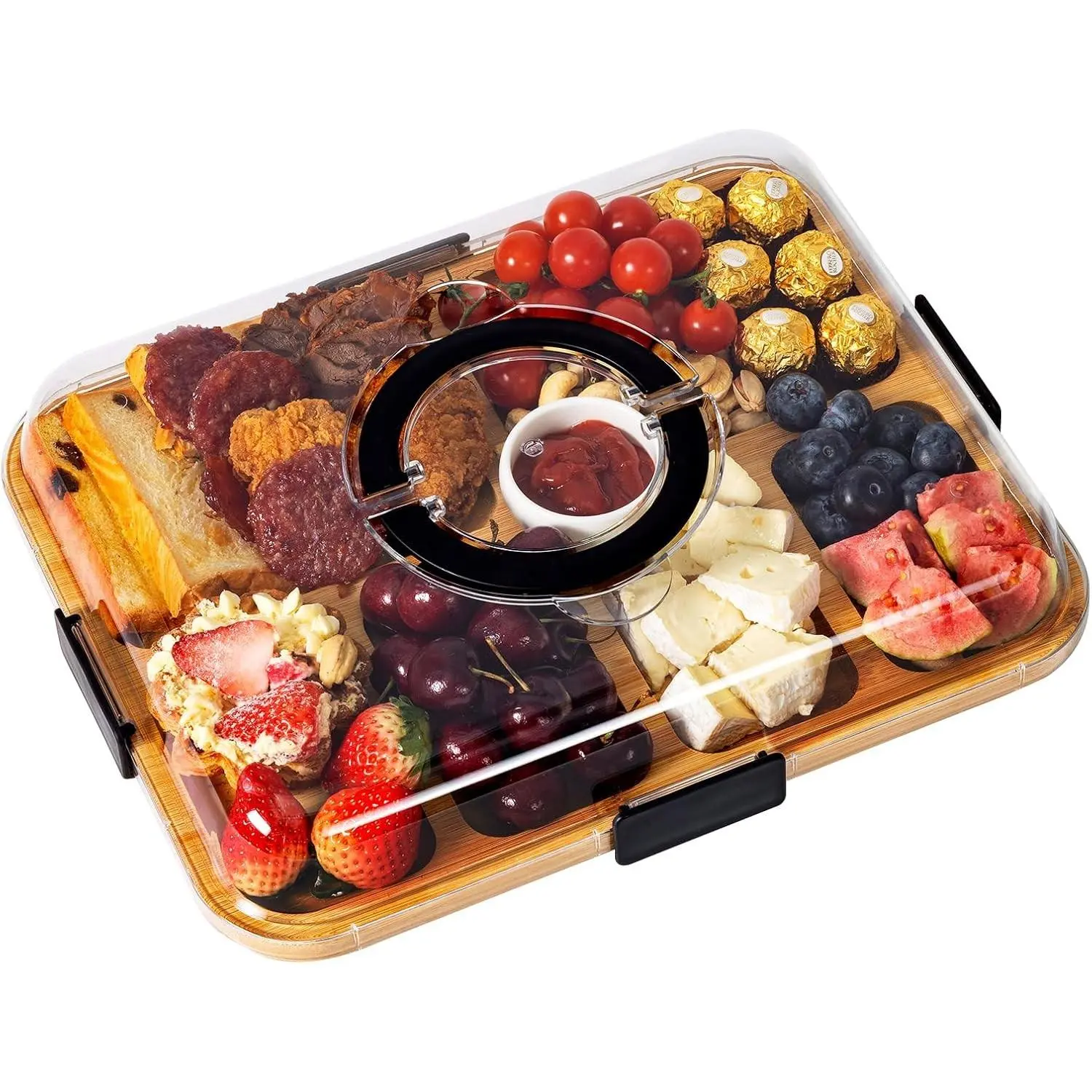 Charcuterie Board with Clear Locking Lid, Portable 6-Compartment Reversible Cheese Board & Snack Tray with Handle, Ideal for Parties, Potlucks, Housewarming Gifts