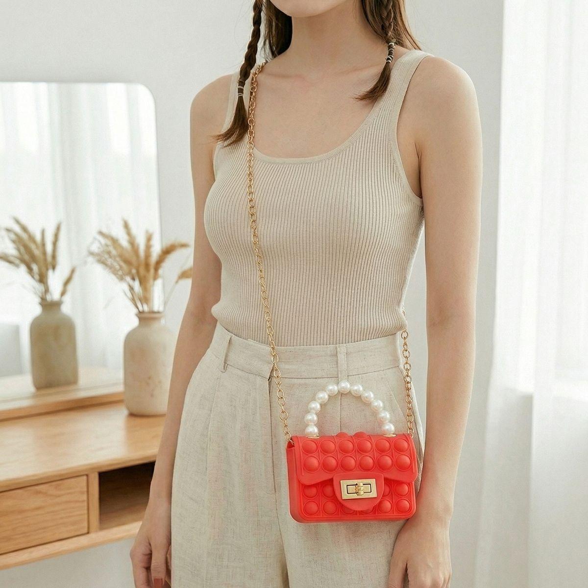 Women's Stylish Pop Bag Silicone Shoulder Bag with Pearl Handle, Chain and Mini Coin Purse for Daily Travel