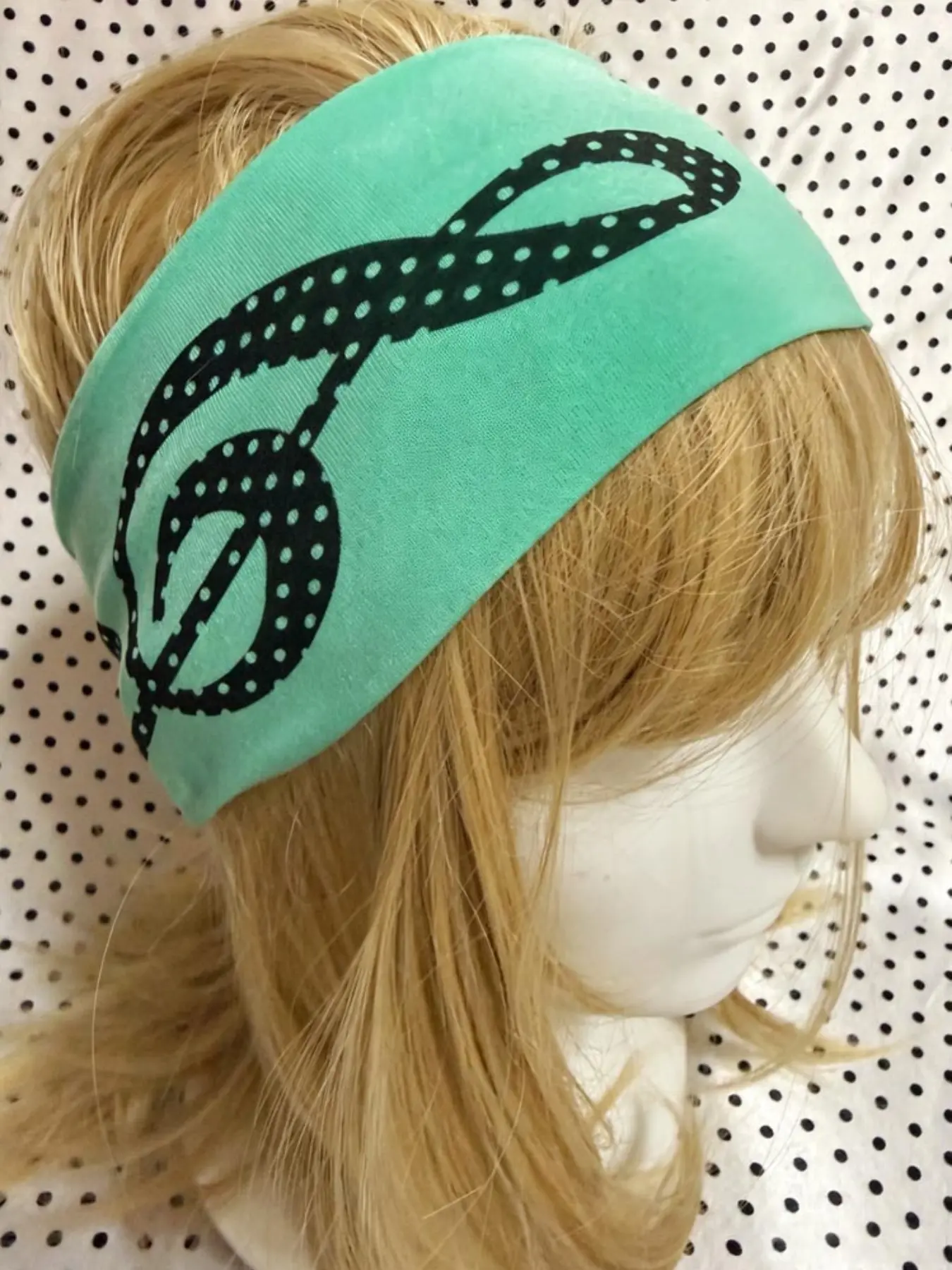 American Millennial Y2K Mint Note Wide Headband, Polka Dot High Pitch Print, Trendy Fashion Accessory for Bold