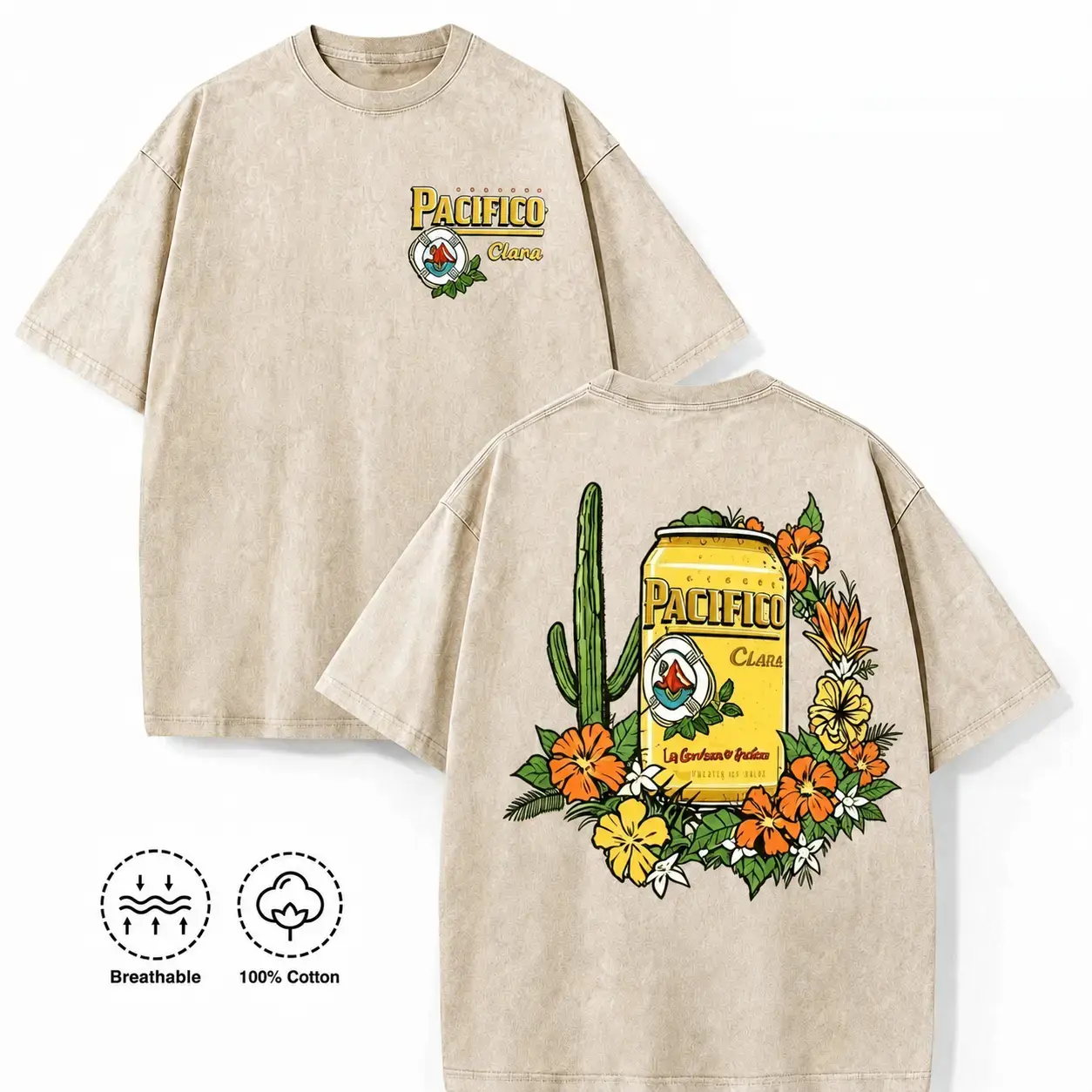 Vintage Washed Beige Double Sided Graphic T-Shirt For Men Women Retro Pacifico Clara Beer Can Cactus Tropical Floral Print 100% Cotton Breathable Loose Fit Short Sleeve Casual Beach Drinking Party Streetwear Tee For Beer Enthusiasts