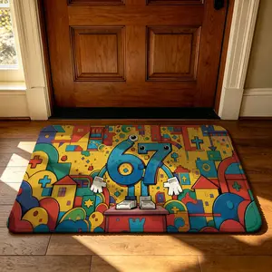 A rectangular cartoon-themed floor mat with the numbers 67 and a robot city pattern. The mat features a soft, machine-washable design made from silicone and velvet, with anti-slip edges. It's suitable for use as a door mat to prevent dirt, in bedro