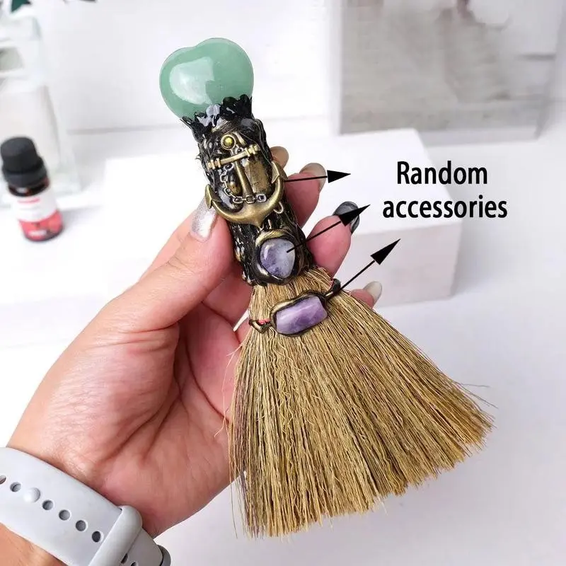 Halloween Crystal Witch Mini Broom, Handmade Mystical Pagan Altar Decor, Wicca Ritual Desktop Decoration, Unique Halloween Ornament
