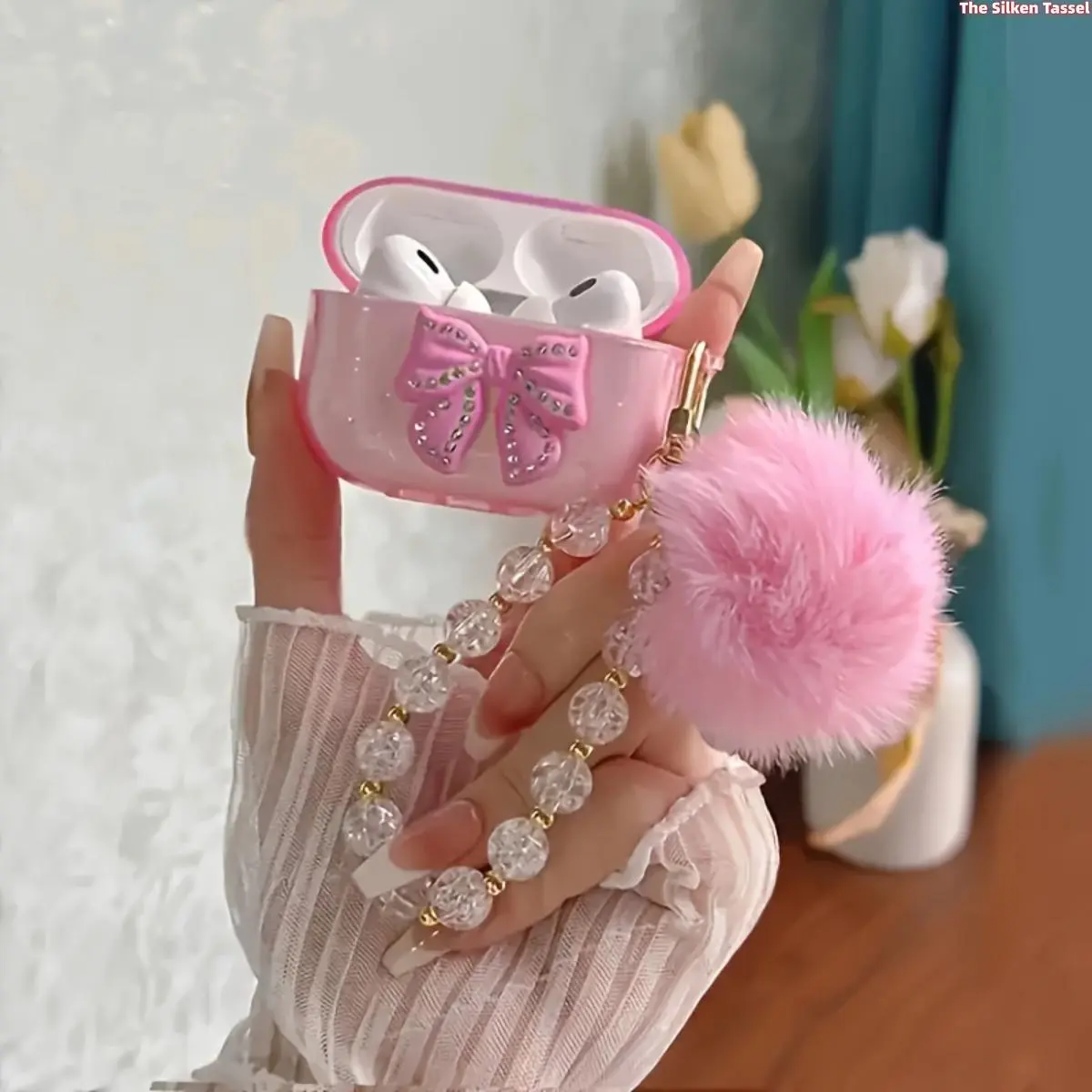 Pink Glitter Earbud Case with Rhinestone Bow Decor, Soft TPU Wireless Earphone Protective Cover, Clear Crystal Bead Chain with Fluffy Pom Pom Keychain, Shockproof Cute Kawaii Headphone Accessory Gift for Girls