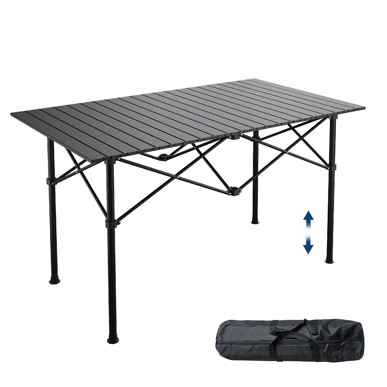 Portable Roll-Up Camping Table - Collapsible Aluminum Patio Coffee Table, Adjustable Height, Lightweight & Heat-Resistant, Carry Bag for Patio, Backyard BBQ & Picnic - Natural Wood Color