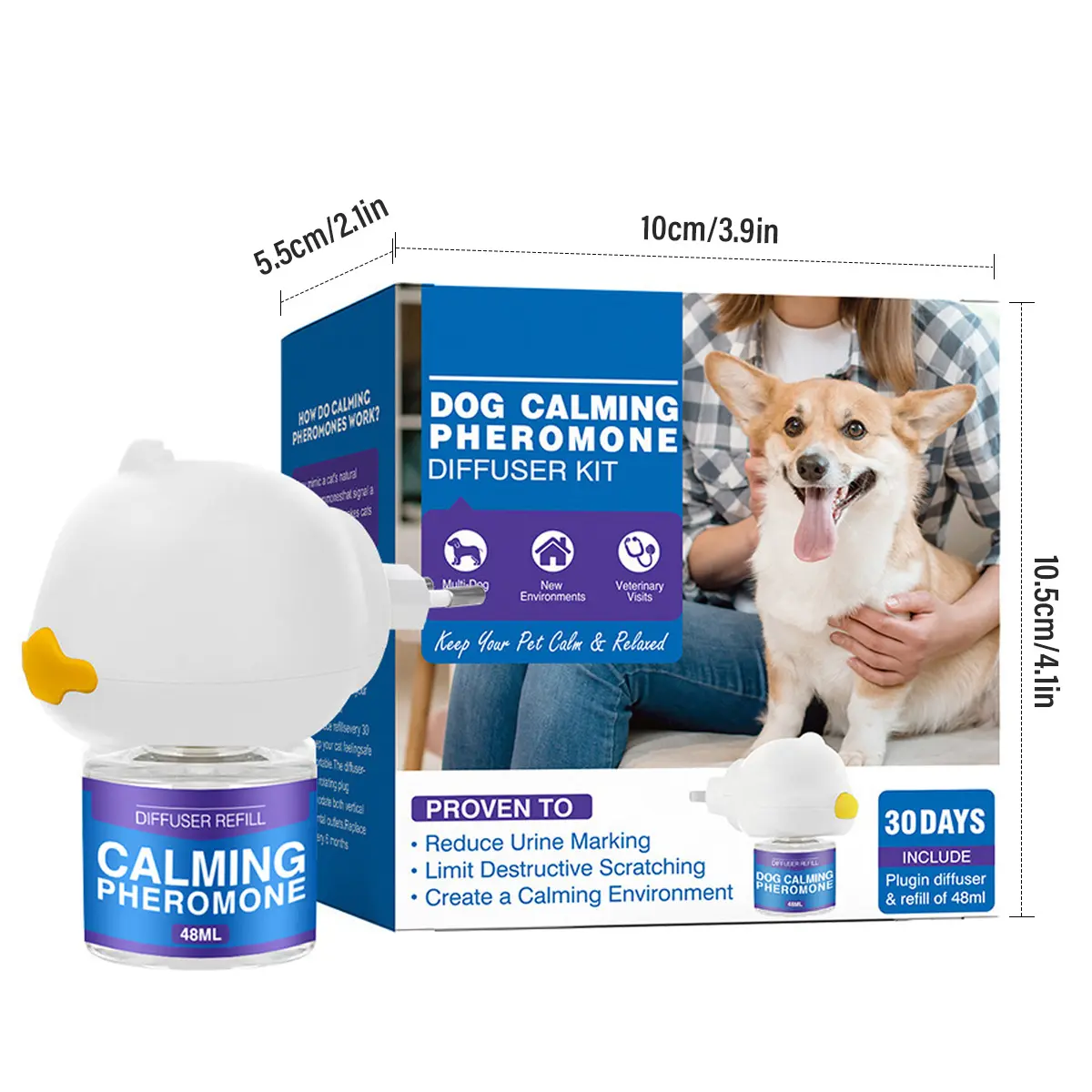 Dog Calming Diffuser Kit, Pheromone Diffuser for Dogs Plug-in, Calming Diffuser Refill 48ml, Helps Reduce Anxiety, Barking, Chewing, Stress & Separation Behavior in Dogs