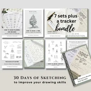 30-Day Hand Drawing Practice Set, 7-In-1 Texture Plant Tree Templates, A5 Coil Notebook, 180° Flat Lay, Durable, Portable