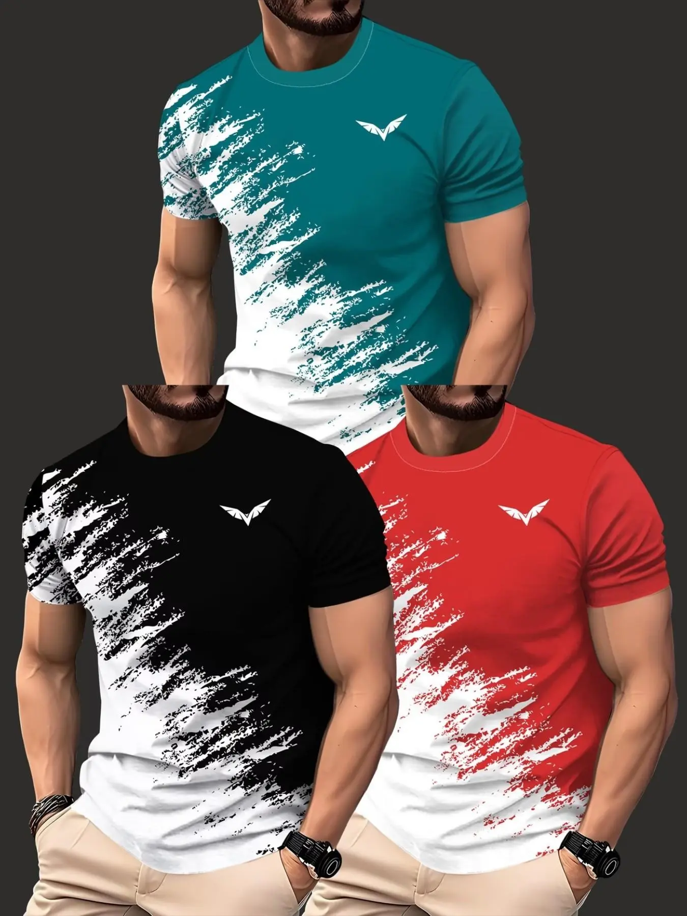 Men's 3-Pack Gradient Ink Brush Print Short Sleeve T-Shirts, Slim-Fit Round Neck, Streetwear Sports Fitness Tees, Basketball Game Wear