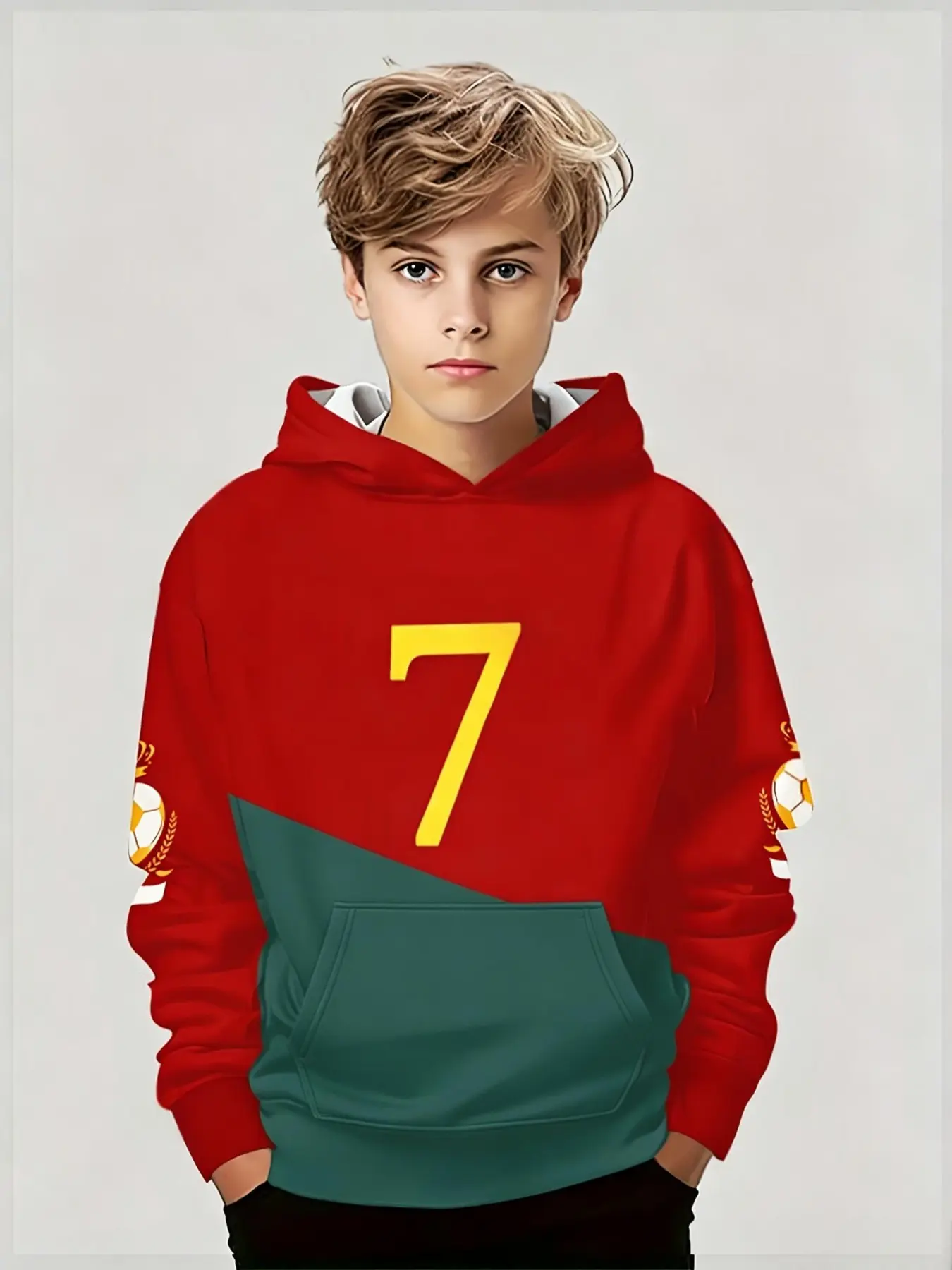 Portuguese Style Colorblock Soccer Print Hoodie, Boys' Casual Sports Long Sleeve Top, New 2026 Model, Trendy Kids Apparel