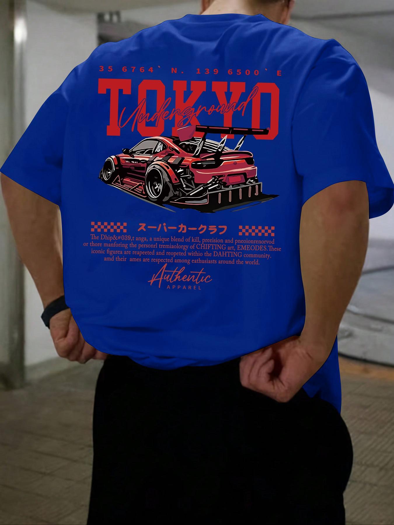 Men's Regular Fit Car & Letter Print Round Neck Tee, Street Fashion Casual Short Sleeve T-shirt for Daily Wear, Men's Top for All Seasons, Tropical, Streetwear