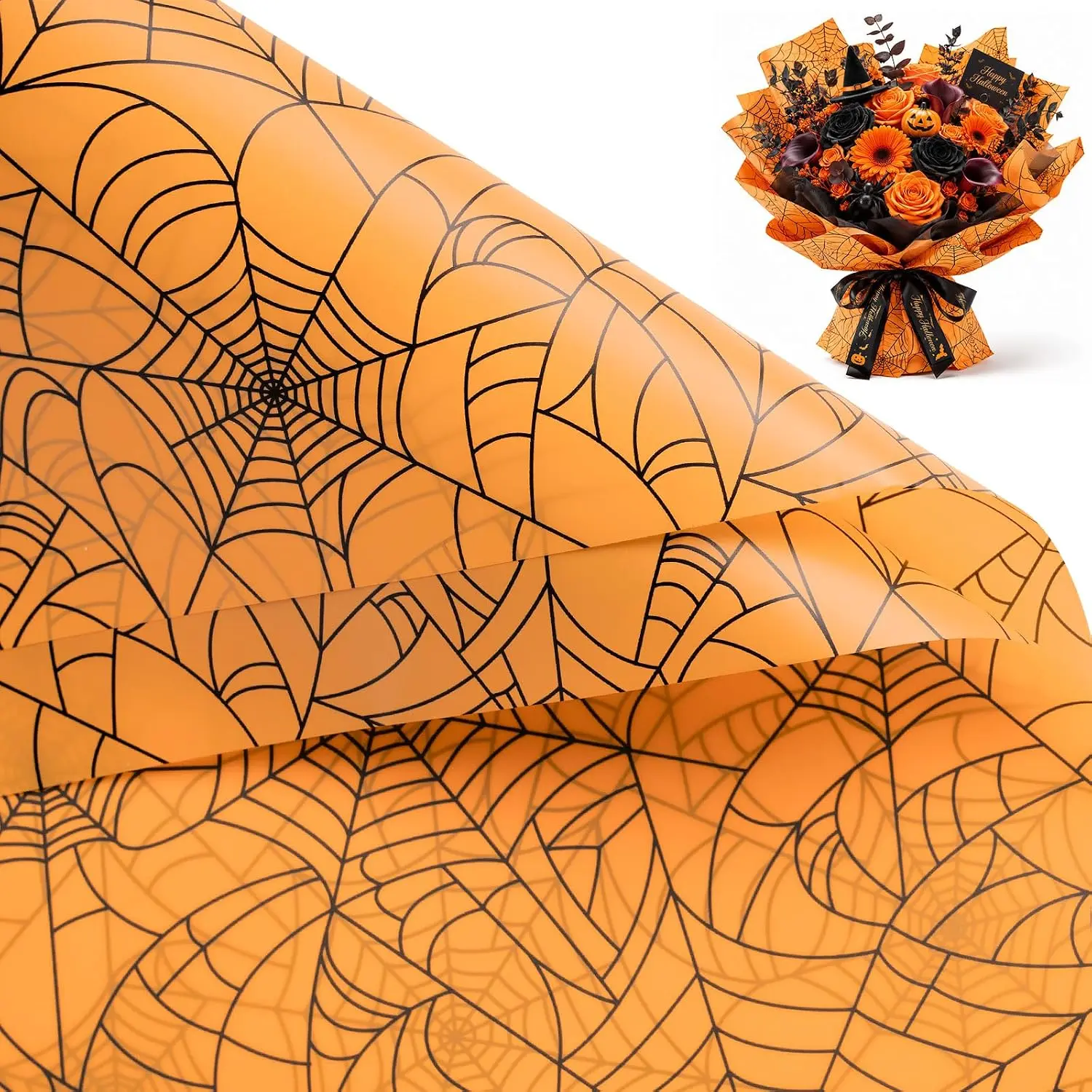 20 Sheets Flower Wrapping Paper, Orange Spiderweb Design Plastic Packaging -  Floral Bouquet Wrapping Paper - Florist Supplies Packaging for Halloween, Birthday, DIY Crafts